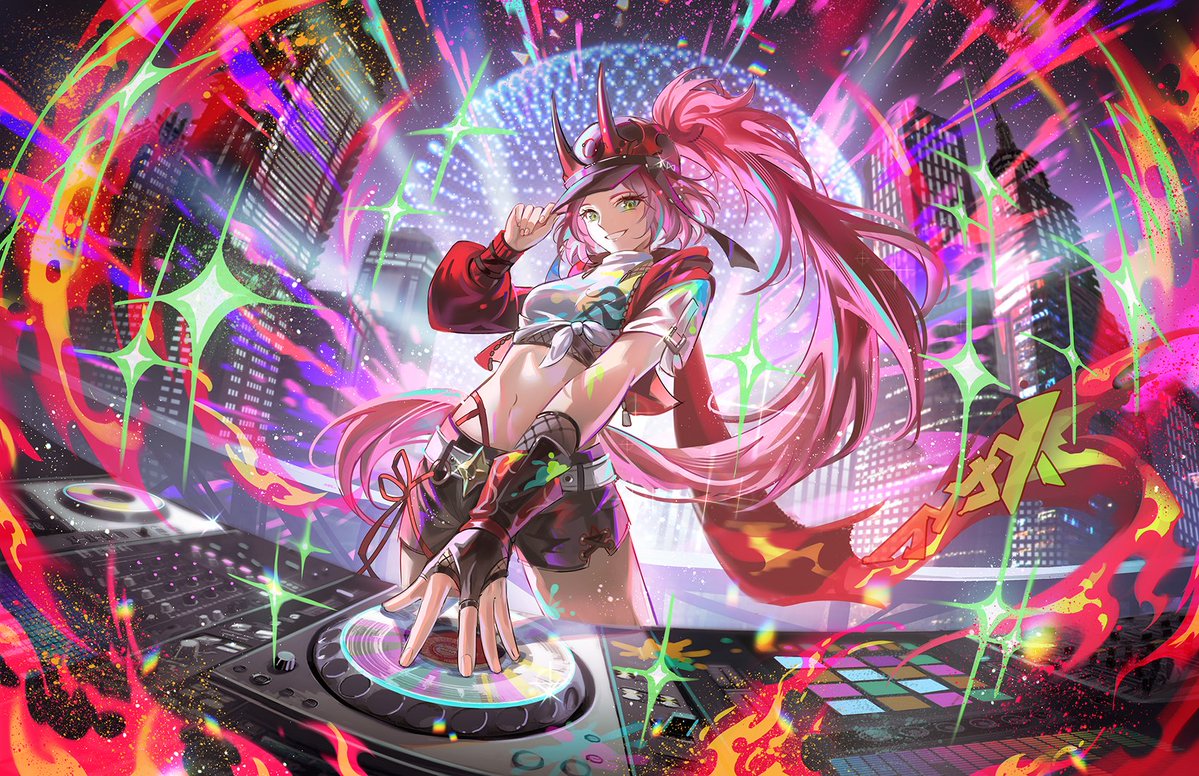 an animestyle illustration of a young woman with pink hair, dressed in a casual outfit including a cap with horns and fingerless gloves, standing behind a dj turntable. the background features a cityscape with glowing effects and vibrant colors, suggesting a nightlife or urban fantasy theme. star shapes and other musical elements surround her, emphasizing her role as a dj.