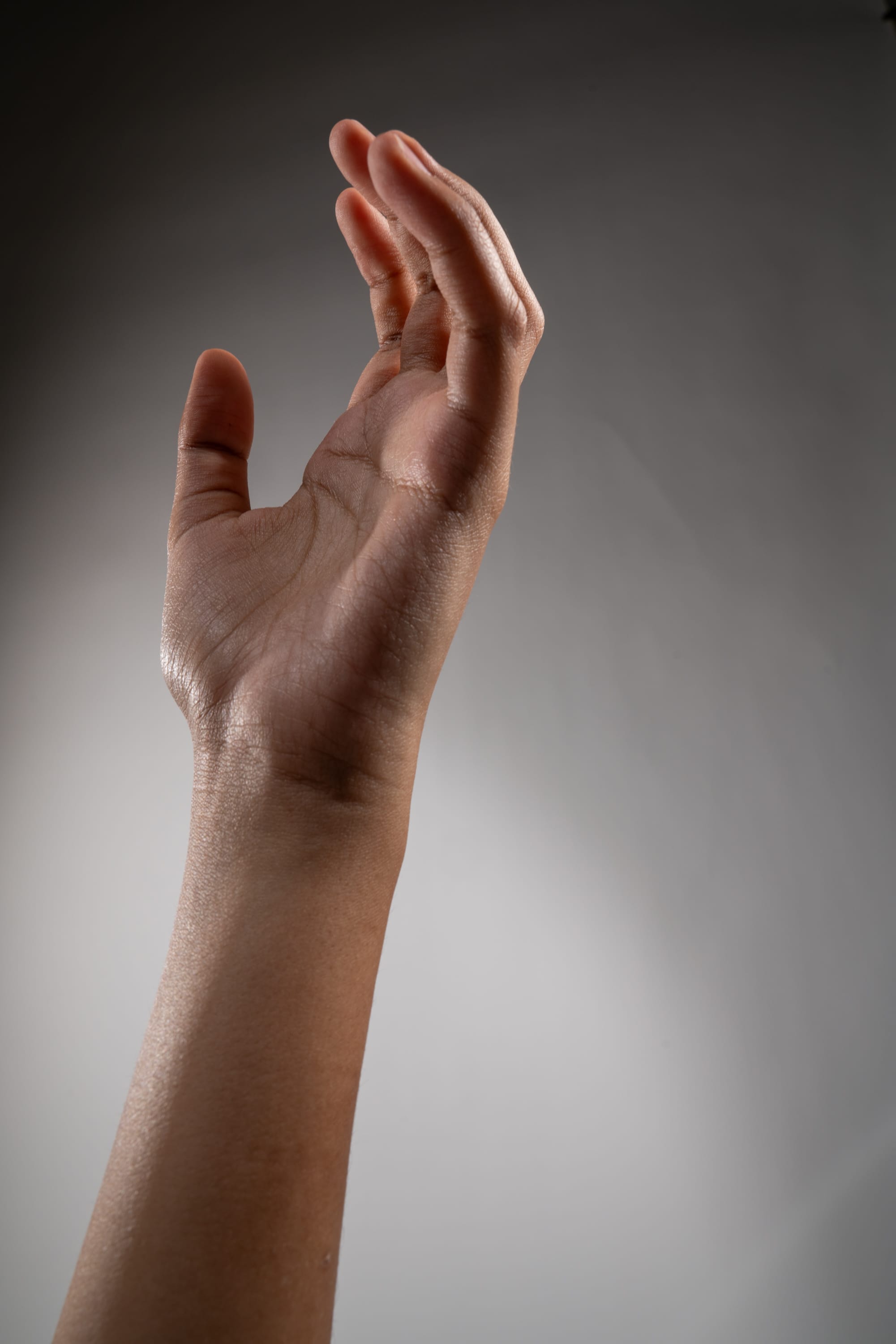 the image shows a closeup view of a person's hand and arm extended upwards against a plain, gray background. the hand is slightly cupped, as if reaching or grasping for something. the lighting is soft and diffused, highlighting the texture and details of the skin.
