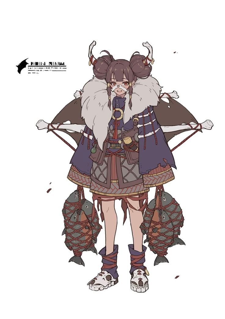 a digital art illustration of a female anime character with brown hair in two ponytails with fur coat wearing a robe and holding two bunches of tied up fish.  she has skull antlers on her head, and is wearing boots and a belt with a pouch.