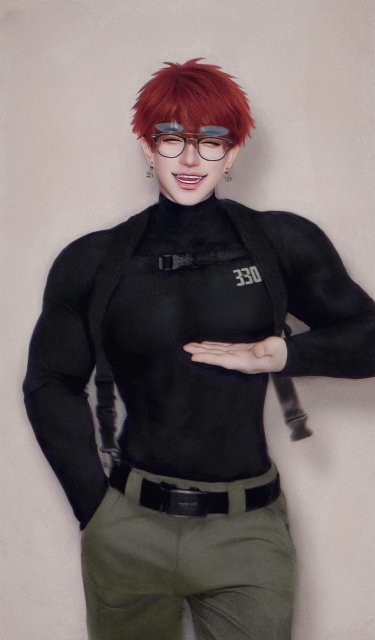 a man with red hair and glasses wearing a black shirt, green pants, and a belt is standing and smiling at the camera.