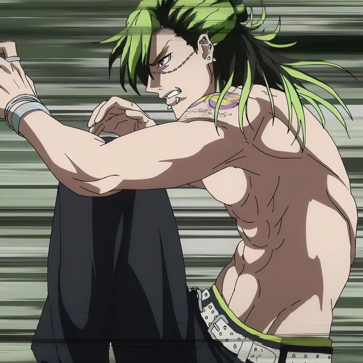 this is an illustration of a muscular, shirtless anime man with green hair pulled back in a ponytail, revealing an undercut.  he has a tattoo on his left shoulder, a scar over his left eye and wears various pieces of jewelry.  he's in motion, leaning forward from the waist up. his pants are dark and his belt has a lightcolored design with a circular emblem.  the background suggests movement.  the lighting appears to be natural daylight.