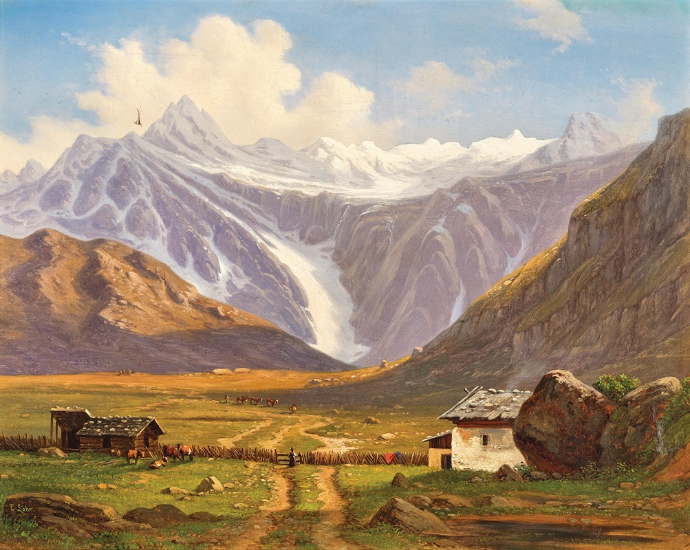 the image is a painting of a mountain landscape. in the foreground, there are two small houses on a grassy field. a dirt road leads from one house to the other, and a fence runs along the side of the road. several figures are visible near the houses and in the field. in the background, there are tall mountains covered in snow. the sky is blue with white clouds.