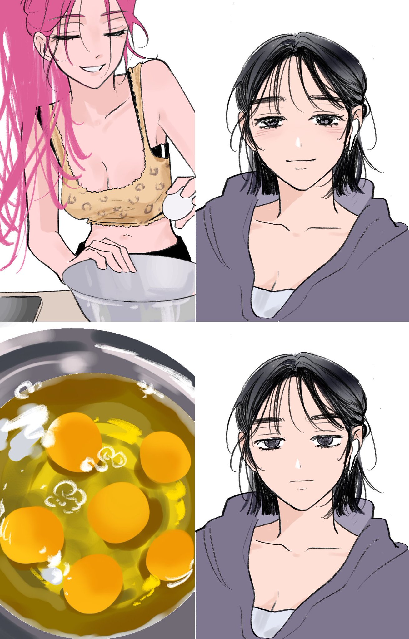 an anime styled illustration of a young woman cracking eggs into a bowl and another woman looking concerned.  the woman in the left frame has pink hair and is wearing a leopard print shirt while the woman on the right is wearing a purple hoodie.  the bottom frame is showing eggs in a pan.