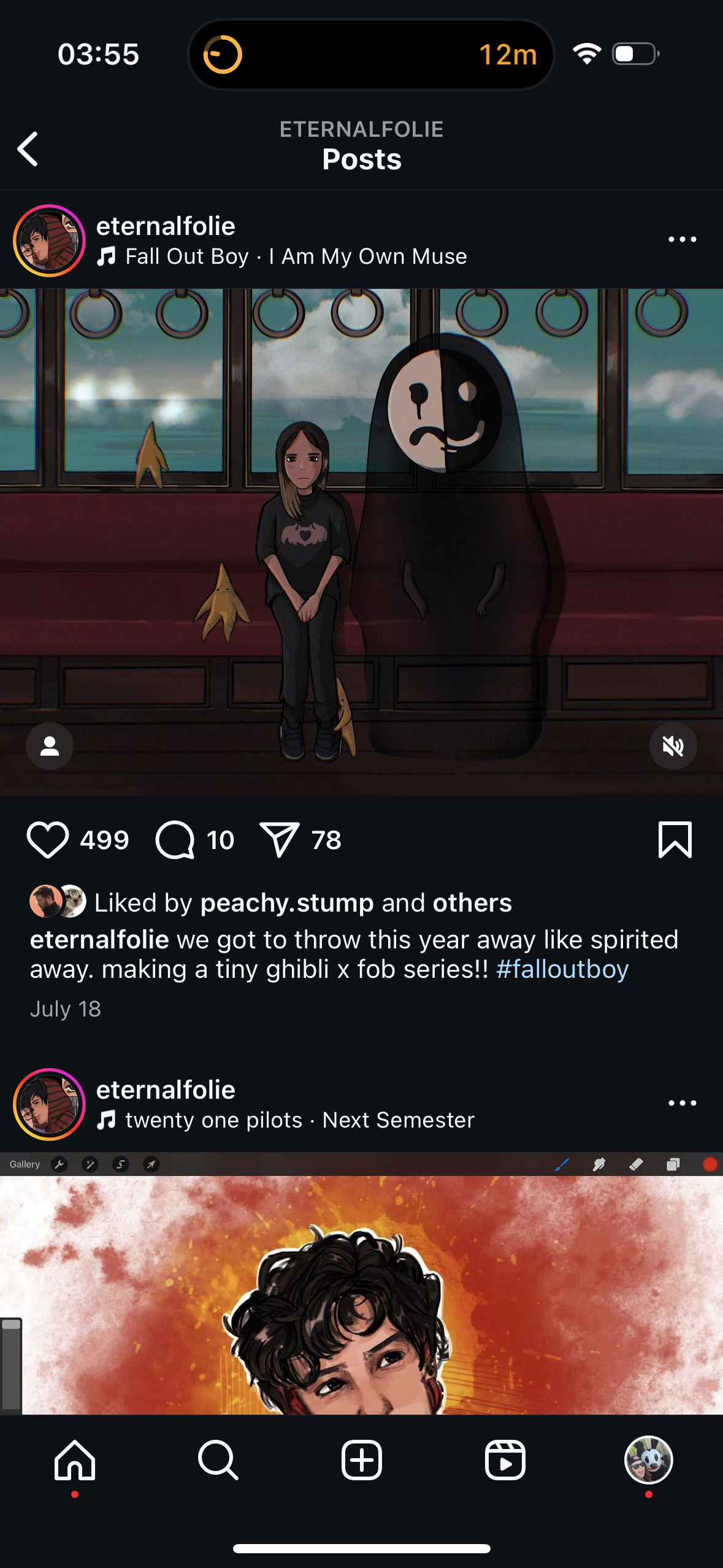 the image is a screenshot from the instagram app. it shows the posts from the user "eternalfolie". in the first post, there is a drawing of a person standing in front of a figure with a black and white face. the caption reads "fall out boy  i am my own muse". there is also a  heart, a comment bubble and an arrow. the image shows that the post received 499 likes, 10 comments and 78 shares. under the image, there is a comment that reads "we got to throw this year away like spirited away. making a tiny ghibli x fob series!! #falloutboy", it was posted on july 18. the second post shows a drawing of a young man with dark hair and dark eyes, and the caption reads "twenty one pilots  next semester".
