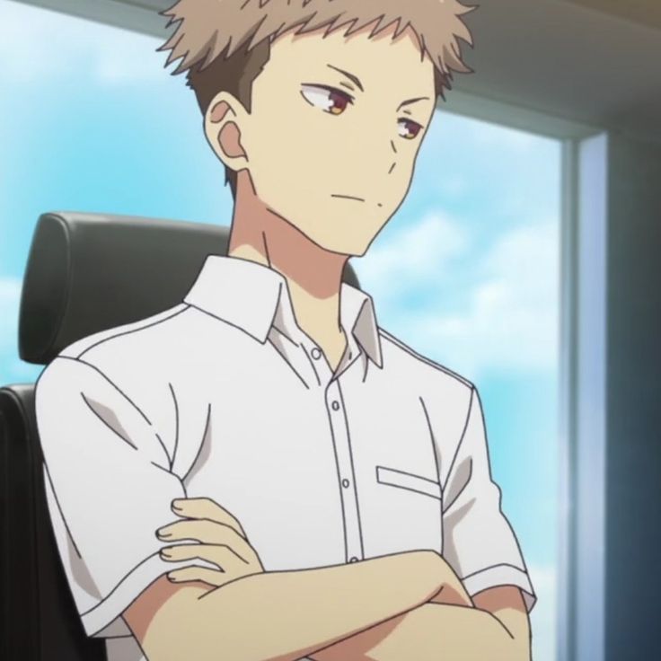 the image features a young anime male character in a white school uniform with his arms crossed, looking away with a serious expression. he is sitting in a chair next to a window, with a blurry background of a cloudy sky outside. the character's appearance suggests that he may be a student in a japanese high school or middle school. the overall tone of the image is somewhat melancholic and introspective.