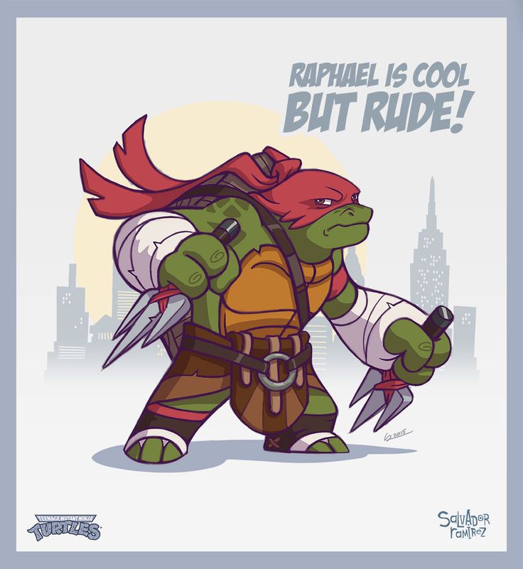 this is an illustration of raphael from the teenage mutant ninja turtles, standing in front of a cityscape with a sai in each hand. the image is drawn in a cartoon style and features a signature by the artist, salvador ramirez. the illustration has a caption that reads "raphael is cool but rude." the caption and the overall theme of the image suggests that the artist is trying to capture the personality of raphael.