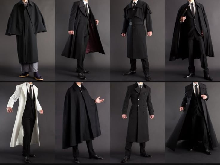 the image shows eight different men's fashion outfits consisting of coats, capes, and suits, arranged in a grid of eight panels. the styles include a black cape, overcoats, trench coats with belts, and a white coat paired with a black suit. the models are wearing dress shoes and ties, emphasizing formal wear.