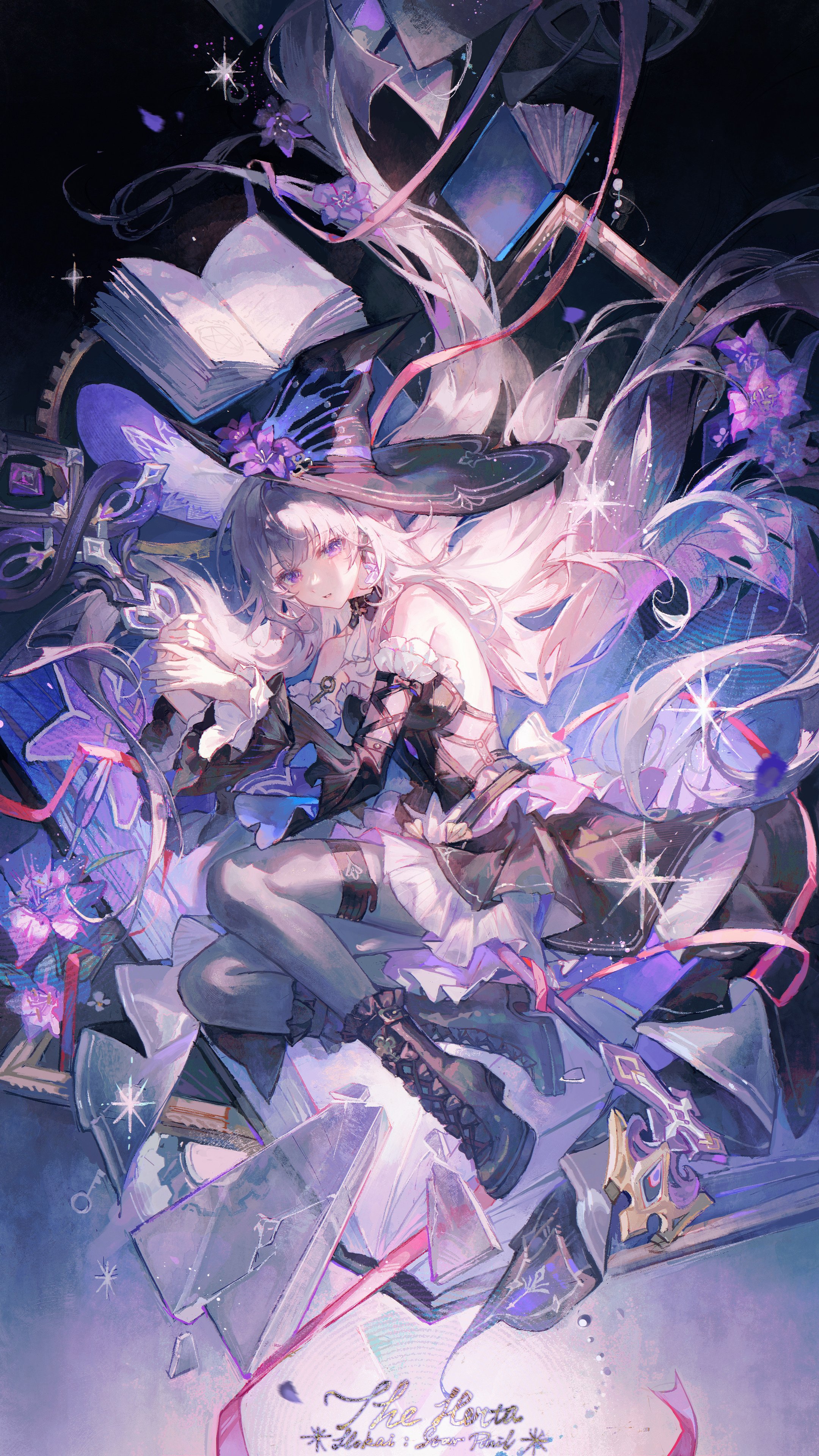 the image is a digital painting or illustration of an animestyle girl with long, flowing purple hair. she is dressed in a dark purple and black witchlike outfit, complete with a widebrimmed hat. she is surrounded by floating books, flowers, and stars, creating a whimsical and magical atmosphere. the overall style is ethereal and dreamlike, with soft, pastel colors and delicate details. the girl appears to be floating amidst a chaotic yet beautiful collection of books and magical elements, suggesting a sense of wonder and enchantment. the artwork is visually captivating, blending elements of fantasy and anime aesthetics to create a unique visual narrative.