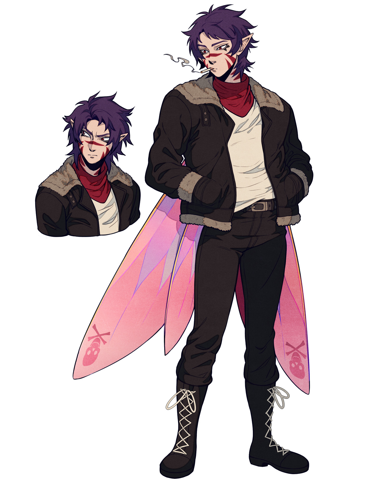 a full body character illustration of a fairy man. he has purple hair, a red bandana, and is wearing a black bomber jacket over a white shirt, black pants, and black boots. he has large pink wings with skull markings. the illustration is drawn in a semirealistic style with soft lighting.  a small portrait bust of the character is in the top left corner.