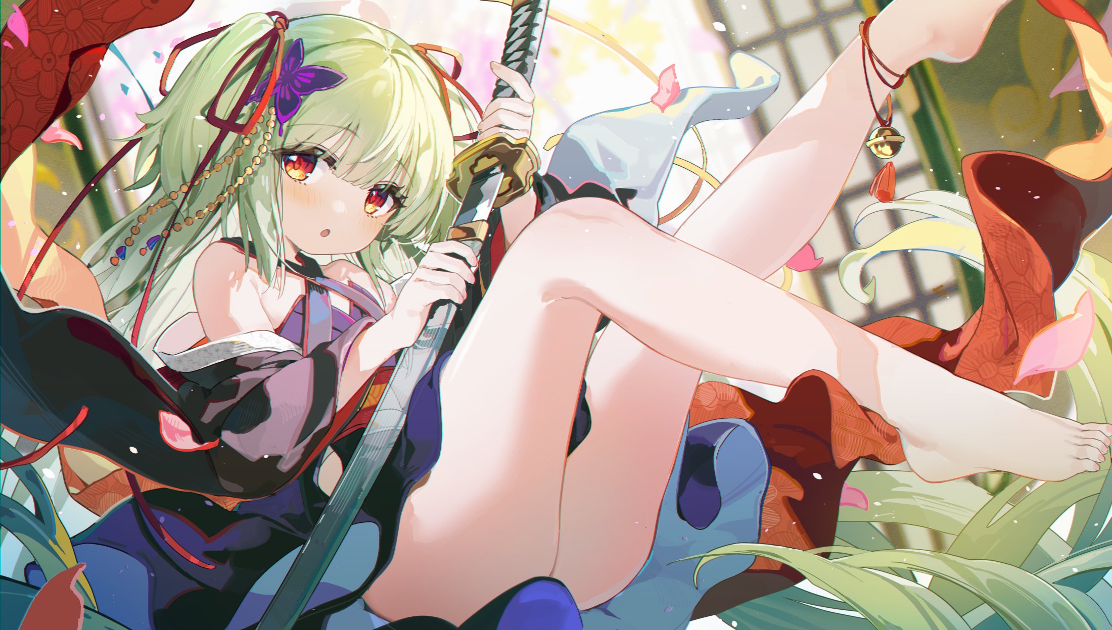 the image showcases a vibrant and colorful illustration of an anime girl. she possesses long, flowing green hair adorned with a purple butterfly hair accessory and gold beaded strings.  she's dressed in a partially visible kimonolike outfit, predominantly purple and blue, and is seated, casually holding a katana. her legs are prominently displayed, and her feet are bare. the background features soft, pastel colors, flowers, petals, and hints of a japanesestyle setting. the overall style is soft and painterly with a blend of vibrant and delicate colors.