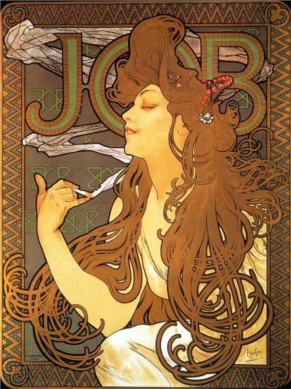 an art nouveau poster by alphonse mucha advertising job cigarettes, featuring a woman with flowing brown hair, a red and white hair ornament, holding a lit cigarette, with the word "job" in large green letters behind her. the image is framed with a decorative border.