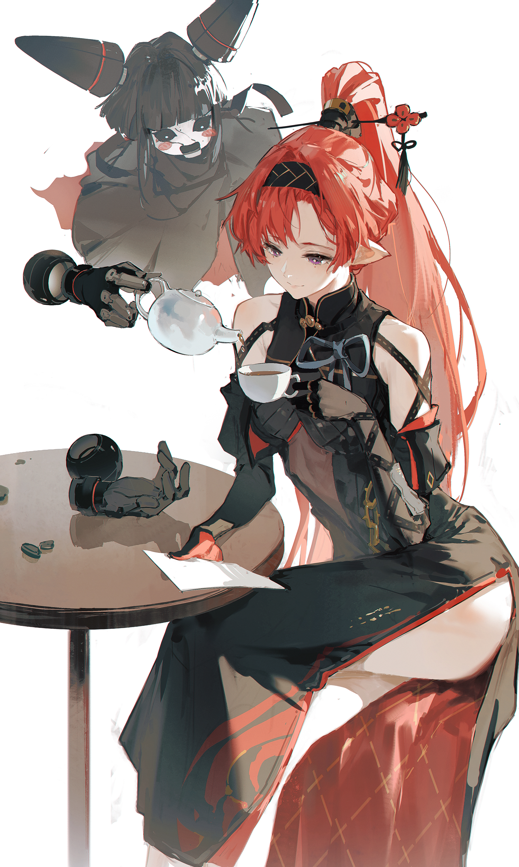 a beautiful anime girl with long red hair and black eyes is sitting at a table. she is wearing a black dress with red trim. a dark figure behind her is pouring tea from a teapot into a cup. the girl is looking at the cup with a thoughtful expression. the image is a digital art illustration with a soft color palette.