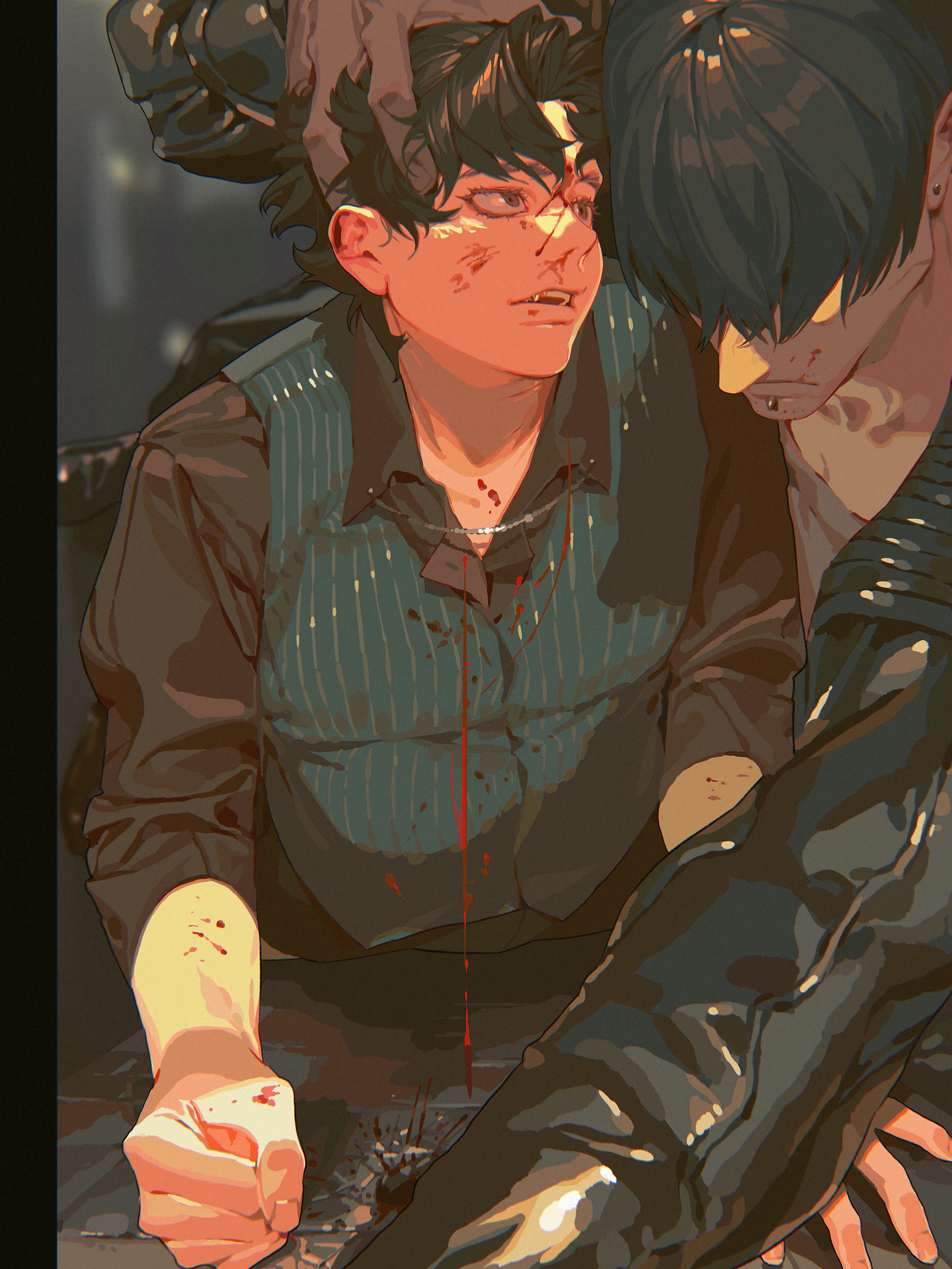an illustration depicts two animestyle men with a serious tone, appearing bloodied. the man on the left has dark, short hair, fangs, and is wearing a vest and shirt, with blood visible on his face, neck, and hand. the man on the right has dark, longer hair and is also bloodied. a hand is placed on the first man's head, possibly indicating a restraining or guiding gesture.