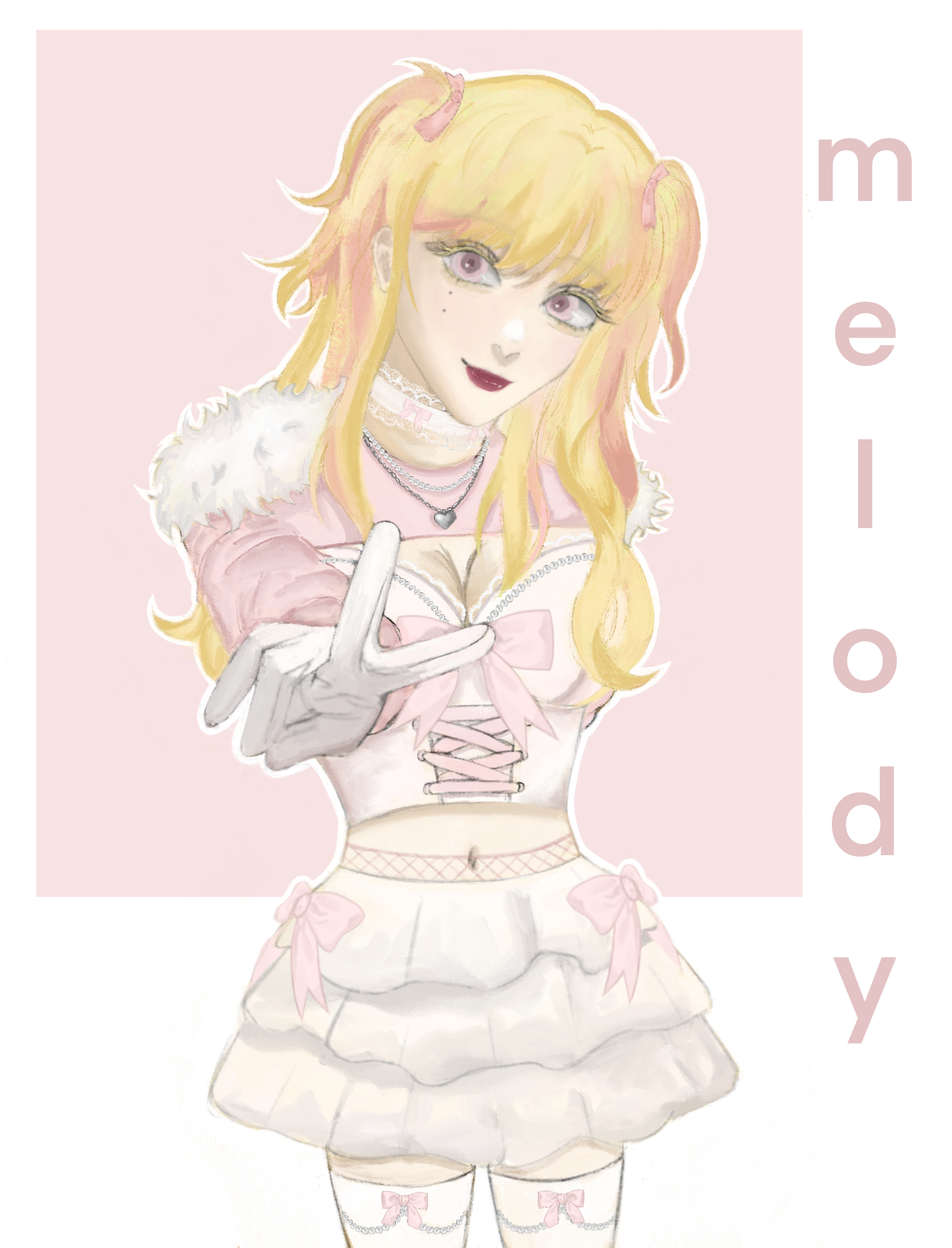 a digital art drawing of an anime girl with blonde hair, wearing a pink and white dress, white gloves, a heart necklace, a skirt, and thigh high socks. the background is a pink square with the word "melody" written vertically on the right side.