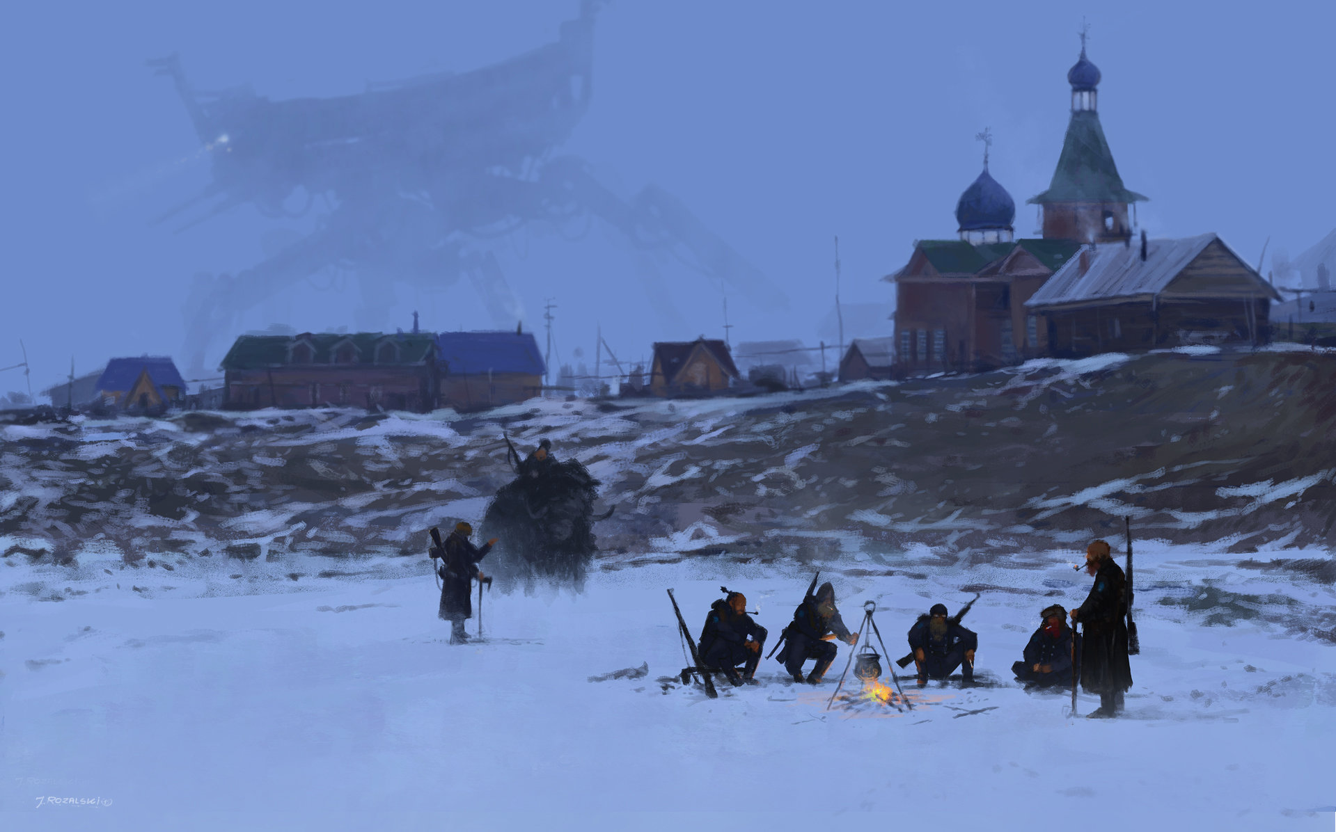 a group of soldiers are huddled around a campfire in the snow. they are in a small town, with a church in the background, and a giant, mechanical creature looming in the distance. the soldiers are dressed in dark clothing and carrying rifles. it is a wintery scene, with snow covering the ground. the soldiers are likely trying to stay warm and to keep watch for the enemy.