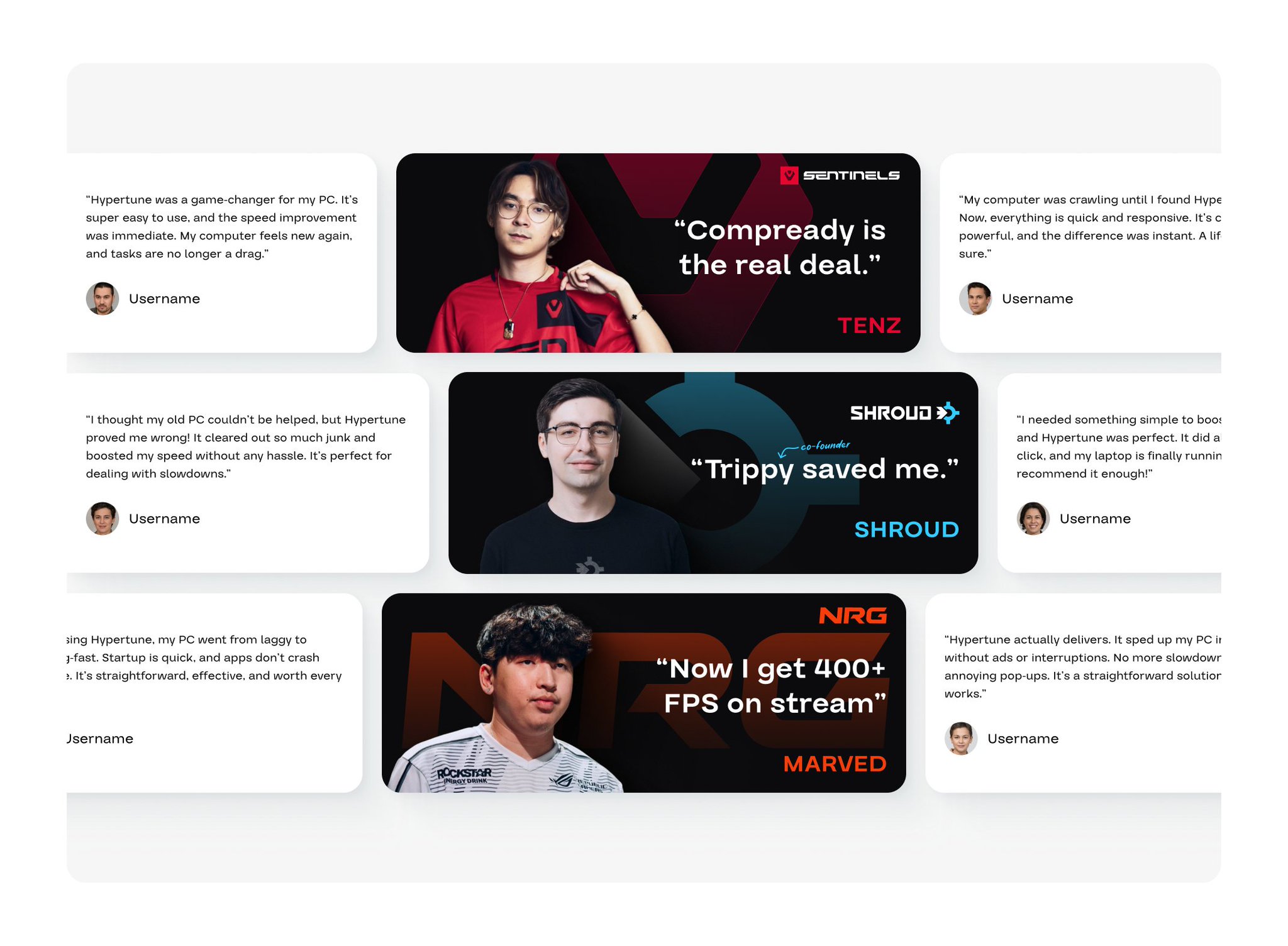 the image showcases a series of testimonials about a software called hypertune, which is advertised as a pc optimization tool. each testimonial is accompanied by a photograph of a prominent esports player, enhancing the credibility and trustworthiness of the product.  the testimonials highlight various benefits of using hypertune, including faster startup times, reduced lag, smoother gameplay, and an overall enhanced gaming experience. the overall design of the image is visually appealing, with bold text, contrasting colors, and wellcomposed photographs.
