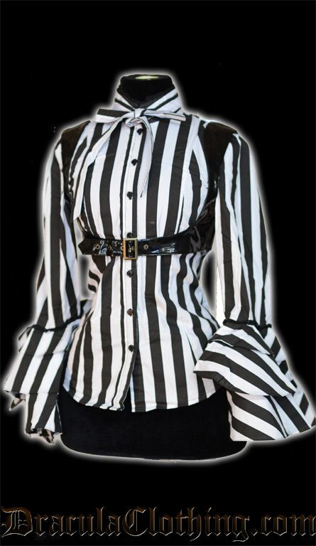 a black and white striped blouse with long ruffled sleeves, a tie neck, and a belt, presented on a mannequin against a black background.