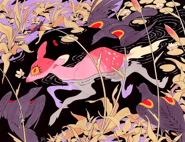 the image is a stylized illustration of a pink deer swimming through a dark pond or lake. the deer has large eyes and white spots, and it holds a white flower in its mouth. three blackbirds with red wing patches surround the deer, and cattails and lily pads are growing in the water. the illustration has a fantastical and somewhat surreal quality to it. the art style is unique and very well done. the colors are soft and whimsical.