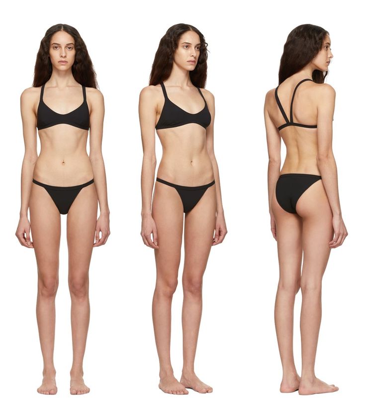 he image shows three different views (front, side, and back) of a woman wearing a black twopiece bikini. the bikini is simple, minimalist, and features a ribbed texture. the model is slender with long brown hair. the background is plain white, which focuses attention on the bikini and model.