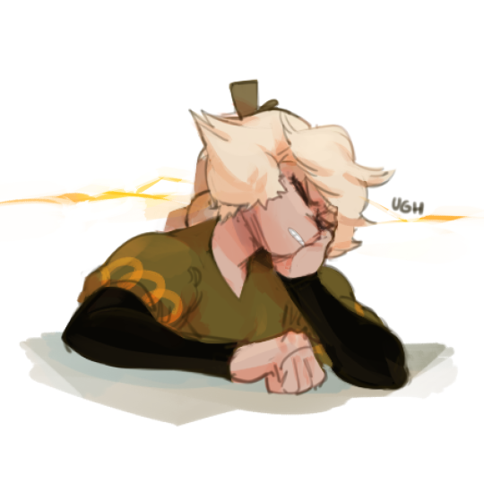 a digital illustration of a female anime character with yellow hair. the character is depicted sitting, leaning forward with her chin resting on her arm, her expression shows exhaustion and annoyance. she has a green shirt and black sleeves. the background is white with a yellow glow in the upper right corner, and the word "ugh" is written in the background next to the yellow glow.