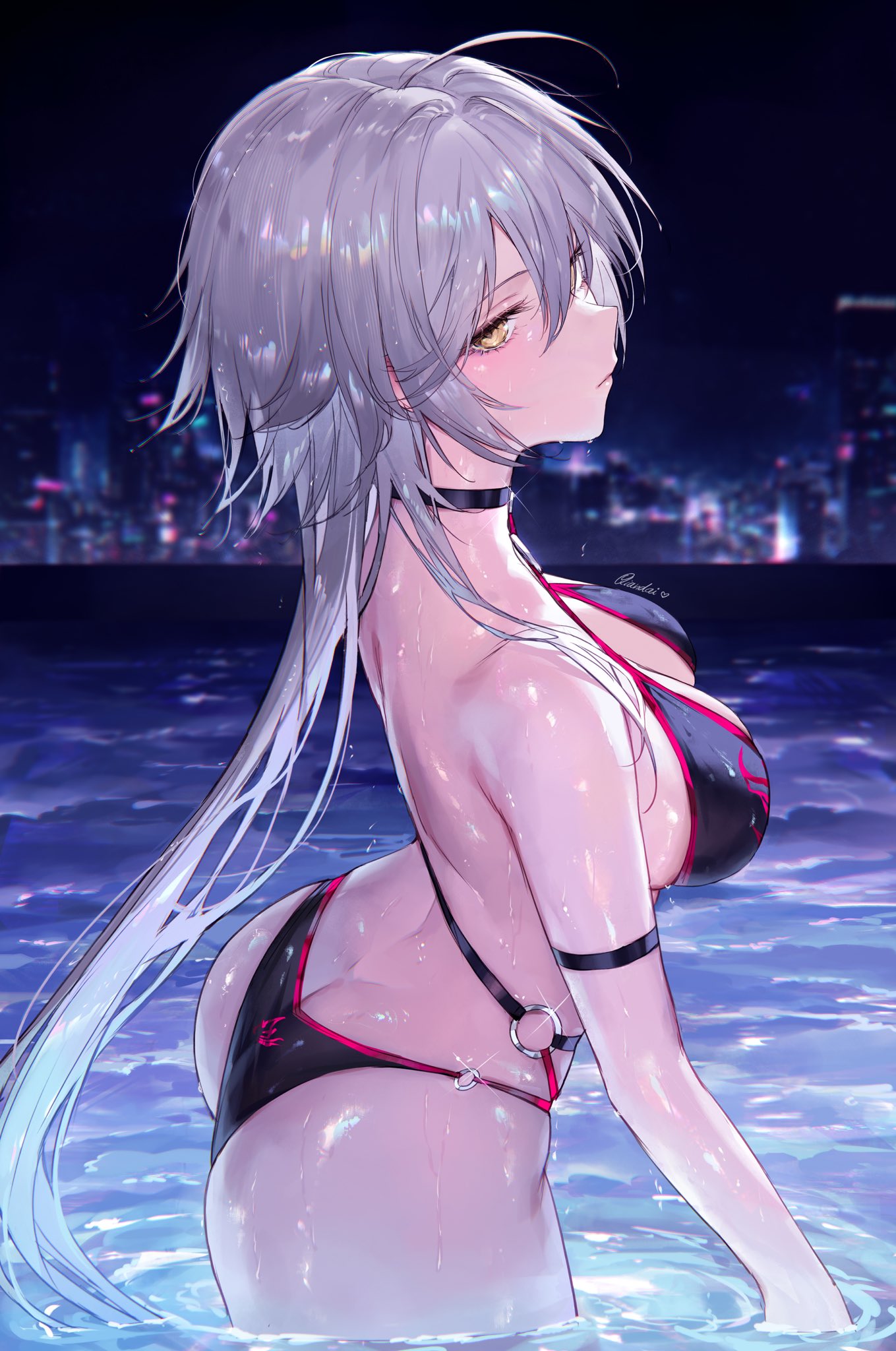he image is a digital painting of a beautiful anime girl in a bikini. she has long, flowing silver hair and is standing in the water at night with city lights in the background. the girl is facing away from the viewer, her body slightly turned to the side, allowing a clear view of her figure. she looks wistful, her gaze directed towards the city skyline. the overall style is sensual and artistic, emphasizing the character's beauty and the atmosphere of the scene.