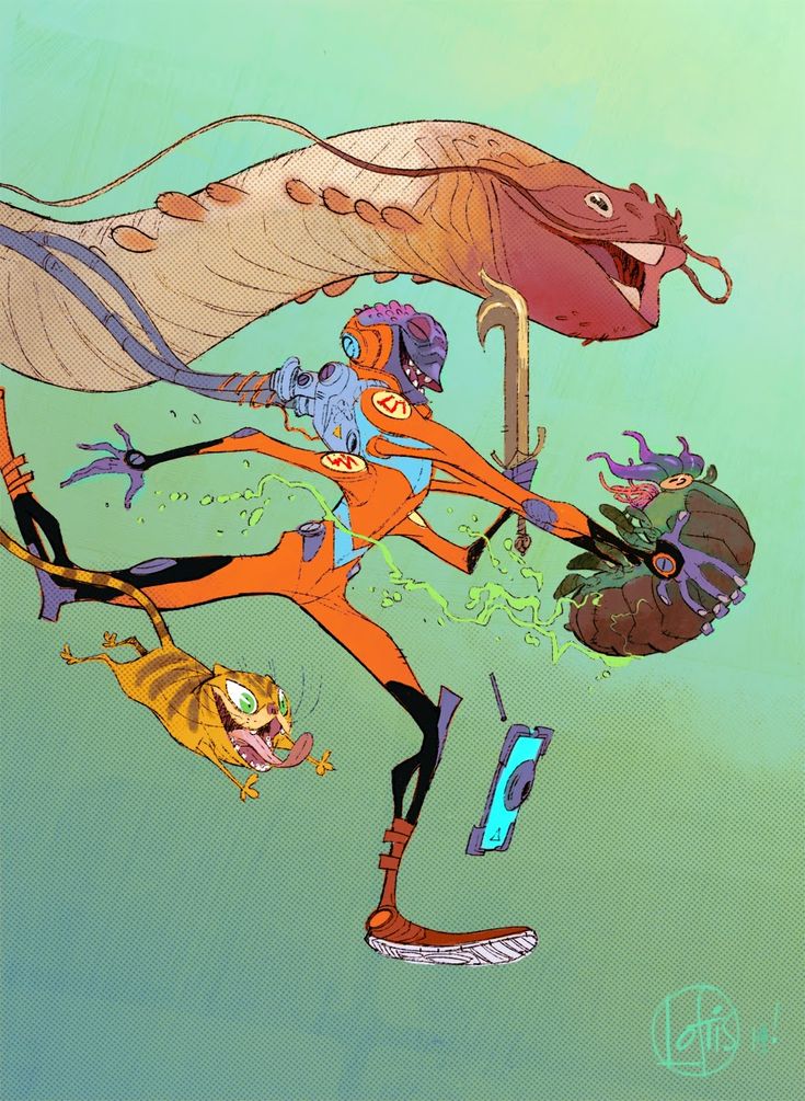 a colorful digital art illustration depicts a scene featuring a slender, orangesuited robot character in a dynamic pose, wielding a sword. the robot is accompanied by a grotesque, yellowstriped cat and a floating tablet. above the robot is a large, eellike creature with a menacing expression. to the right of the robot is a brown, shelllike monster with purple tentacles. the background is a light green gradient.