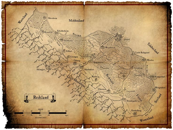 this is a vintagestyle fantasy map showing the regions of reikland, talabecland, stirland, wissenland, and middenland. there are several towns, castles, and cities labelled, as well as forests, rivers, and the grey mountains.  this map could be used in roleplaying games, fantasy settings, and other creative projects.