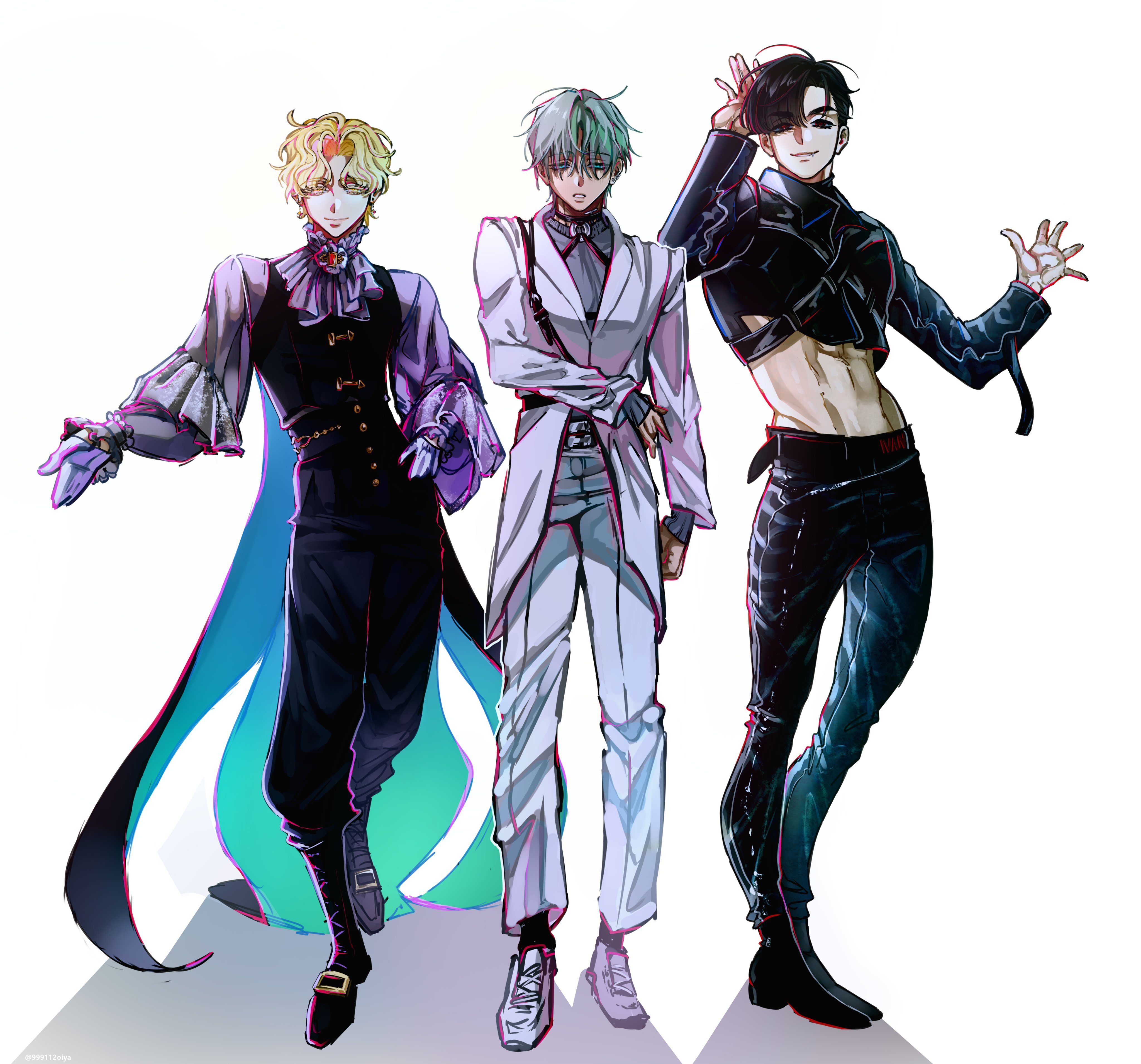 the image is a digital fanart depicting three stylized male characters in distinct outfits.  the character on the left is dressed in a gothicinspired ensemble with a long, flowing teal and black cape, dark pants, and a ruffled purple shirt. the character in the center wears a sleek, modern white suit.  the character on the right is in a more punkinspired outfit with a cropped black jacket, showing off his toned abdomen, and dark pants. the three characters appear to be in dynamic poses, possibly suggesting a performance or a band. the art style is reminiscent of anime or manga, with sharp lines, vibrant colors, and expressive character designs.  the overall aesthetic is modern and fashionable with a blend of different styles.