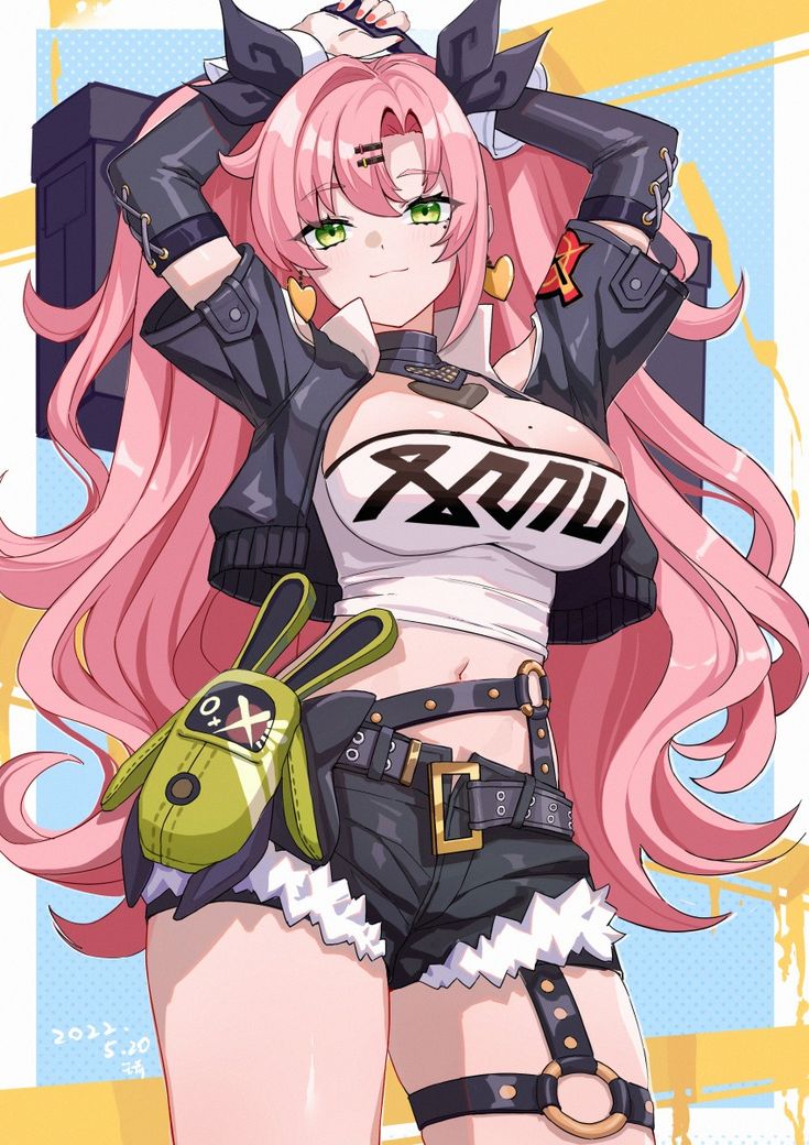 the image is a vibrant digital illustration of an animestyle girl. she has long, flowing pink hair, striking green eyes, and is dressed in a stylish outfit. this outfit includes a black leather jacket, a white crop top with a graphic design, black shorts with white lace trim, and black thighhighs with studded detailing and gold rings.  she also carries a distinctive green bunnyshaped bag. her pose is confident and playful, with her hands behind her head. the overall style is reminiscent of manga and anime character design. the background is a bright yellow and light blue, complementing the character's vibrant attire. a date is visible in the bottom left corner.
