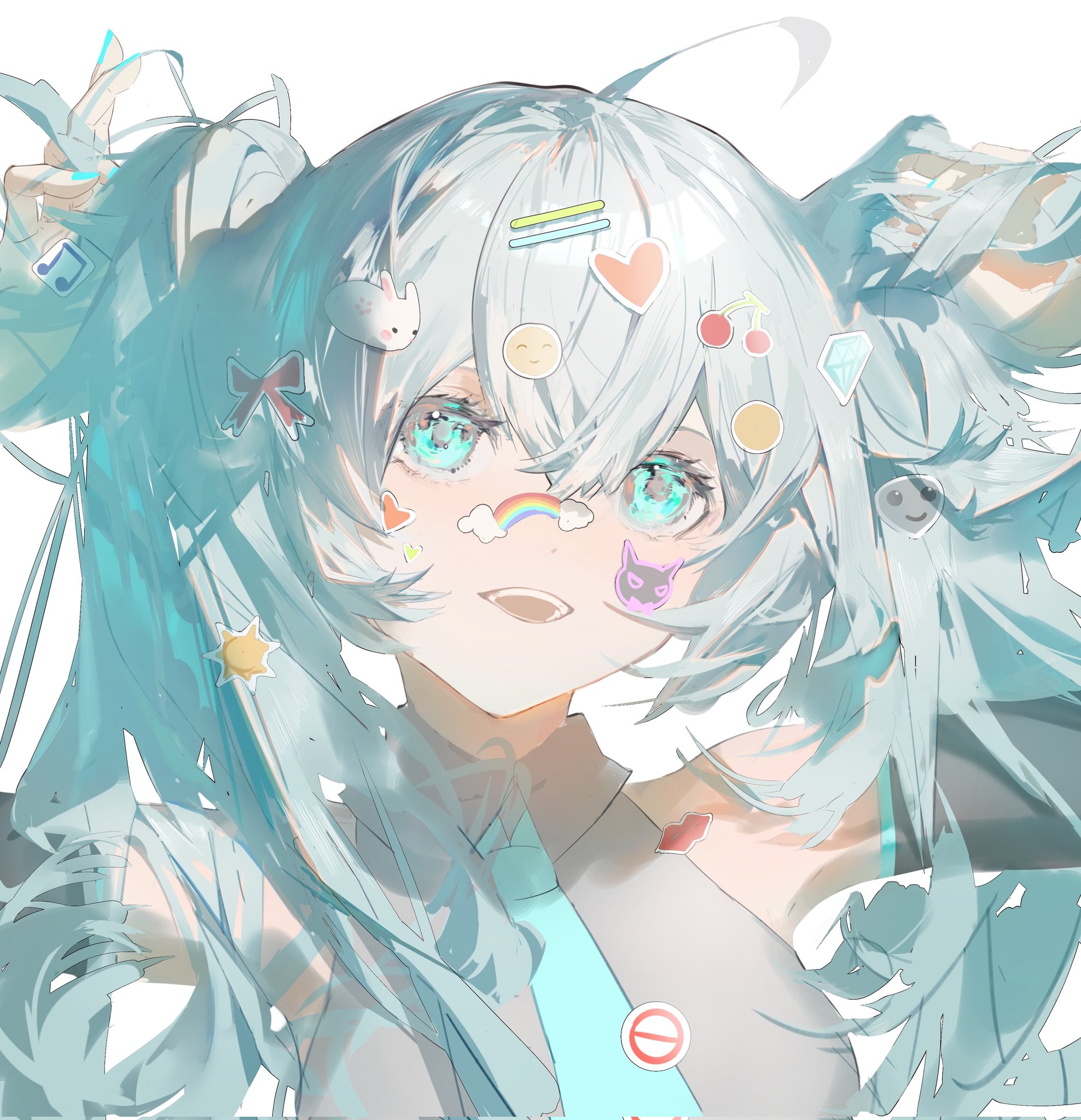 the image is a digital artwork depicting a stylized anime girl, strongly resembling hatsune miku. she has long, flowing teal hair styled in twintails.  her face is adorned with numerous small, colorful stickers, including hearts, a rainbow, a cat, and other playful designs.  her eyes are large and bright teal, and she has a cheerful expression.  the art style is soft and airy, with a focus on soft pastel colors and a slightly transparent quality to the hair and clothing. the overall impression is one of cuteness and playfulness.