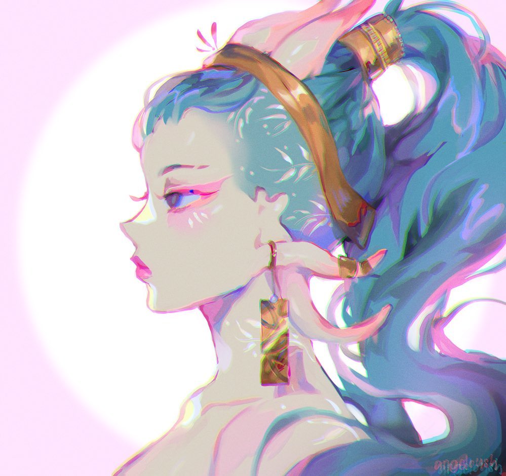 the image is a digital painting or illustration of a stylized female character, possibly inspired by anime or fantasy art.  she's depicted in profile view, showcasing her long, flowing blue hair styled in a high ponytail with a gold headband.  she wears gold earrings and has subtly paintedon floral designs near her ears. the color palette is predominantly pastel with iridescent and soft pink hues, creating a dreamy and ethereal atmosphere. the artistic style is loose and expressive, with visible brushstrokes contributing to the painting's overall texture and whimsical feel. the background is a soft, light pink that fades to white. the overall impression is one of elegance and otherworldly beauty.