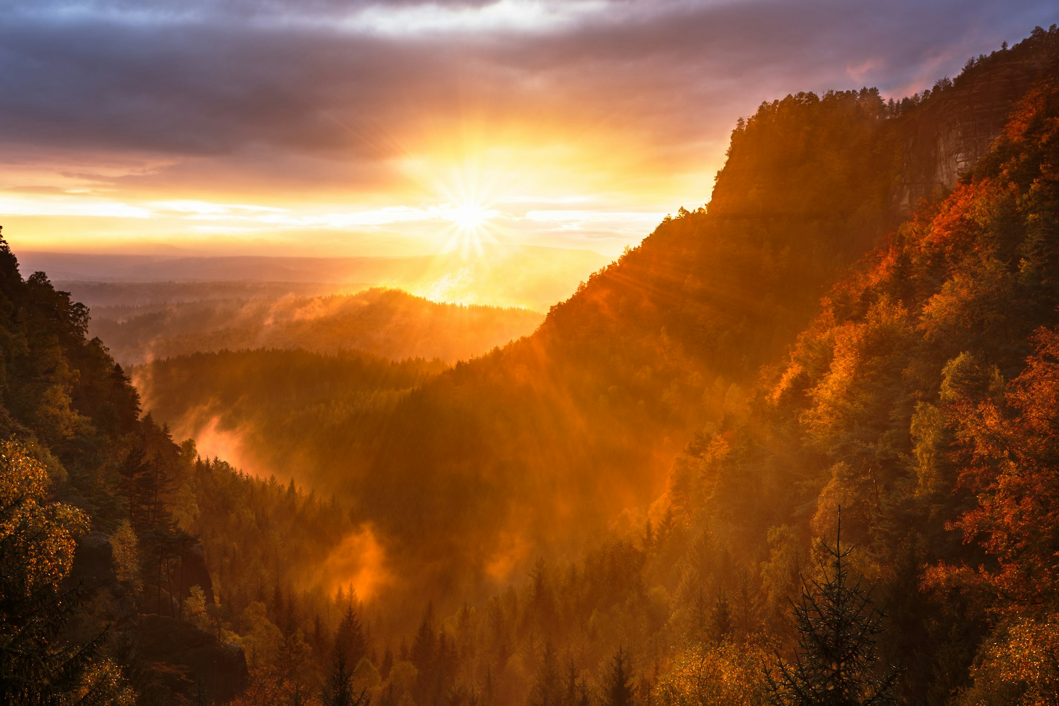 the image depicts a breathtaking panoramic view of a mountainous forest landscape during a vibrant sunset or sunrise. the sun's rays are dramatically showcased, piercing through the clouds and casting a warm, golden light over the hills and valleys. the trees are predominantly in autumn colors, with hues of orange, yellow, and red dominating the scene.  a thick layer of fog or mist adds a mysterious and atmospheric depth to the valleys below. the overall impression is one of majestic beauty, peace, and the serene power of nature. the scene is clearly taken from an elevated viewpoint, offering a comprehensive view of the expansive landscape.