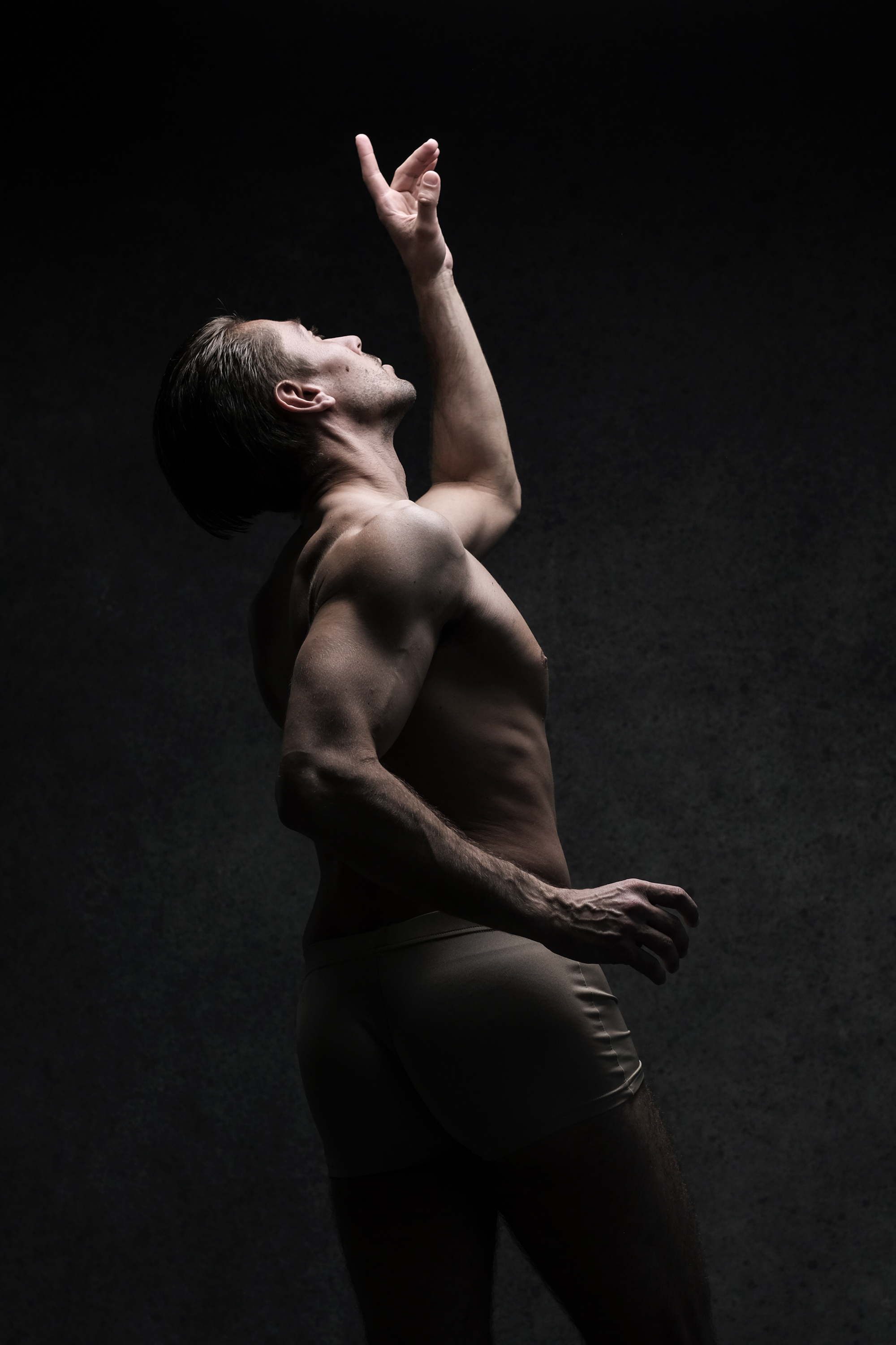 the image portrays a muscular man, nude from the waist up and wearing beige underwear, dramatically lit against a dark background. he's reaching upwards with one hand, his head tilted back, creating a sense of yearning or aspiration. the perspective is from the side, highlighting the definition of his physique.