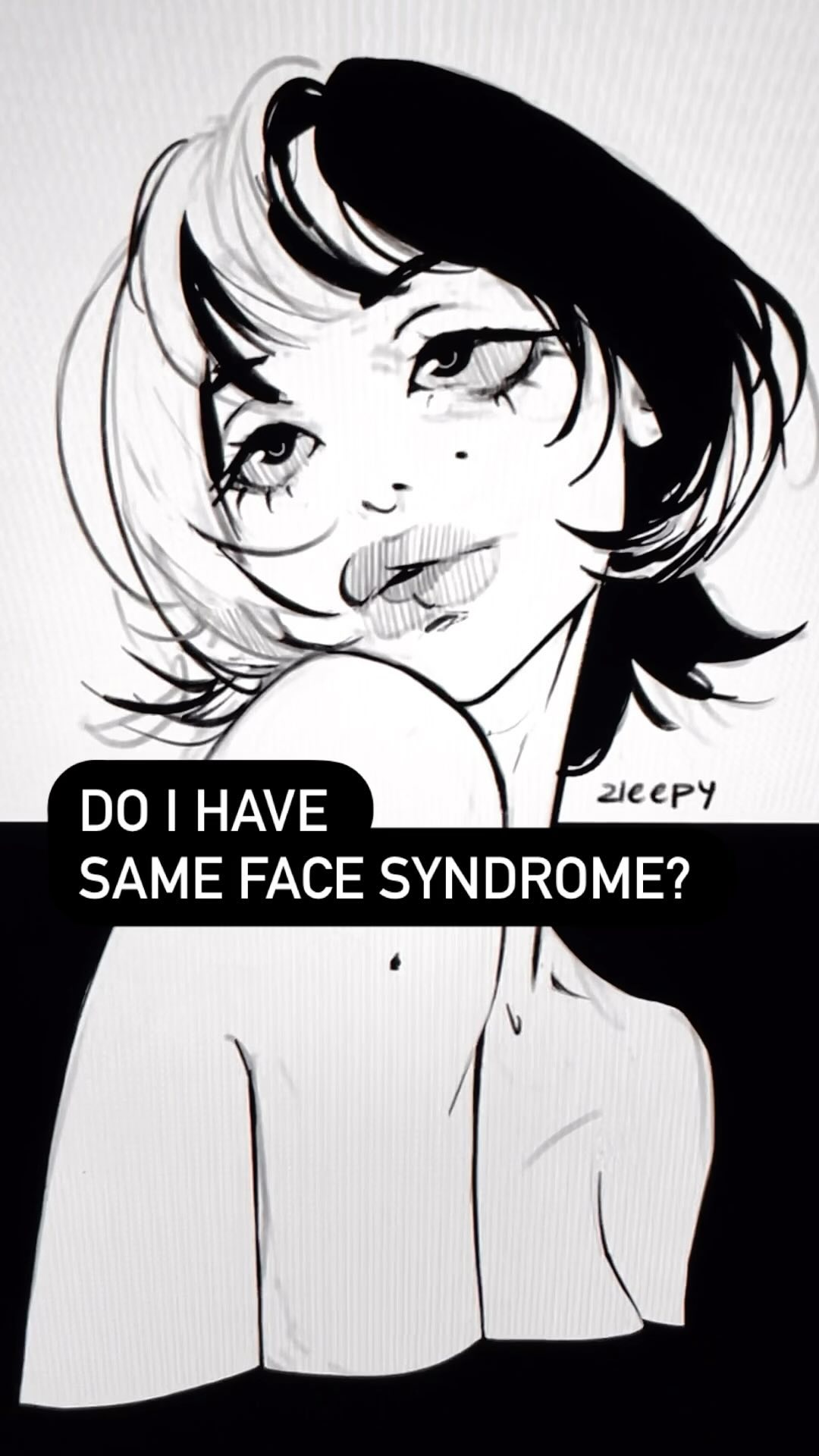 the image is a stylized black and white illustration of a young woman with a bob haircut featuring twotoned hair (half black, half white).  she has large expressive eyes and a slightly melancholic expression.  the style is reminiscent of anime or manga, but with a more detailed and textured rendering.  a text box superimposed on the image asks the question "do i have same face syndrome?". this suggests the image is part of an online meme or social media trend relating to the perceived prevalence of similar facial features in media.  the overall aesthetic is artistic and moody.