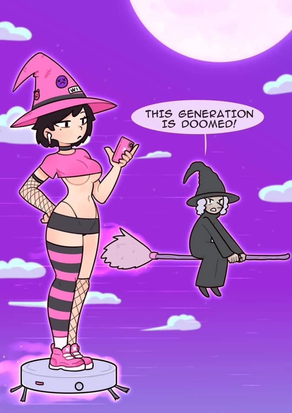 the illustration features two witches.  a young witch with pink clothing and striped stockings is standing on a robotic vacuum cleaner, looking at her phone.  an older, traditionallooking witch is flying on a broom, a speech bubble above her declaring "this generation is doomed!" the background is a purple night sky with clouds and a full moon. the style is cartoonish and humorous, possibly commenting on generational differences and technology's role in modern life.