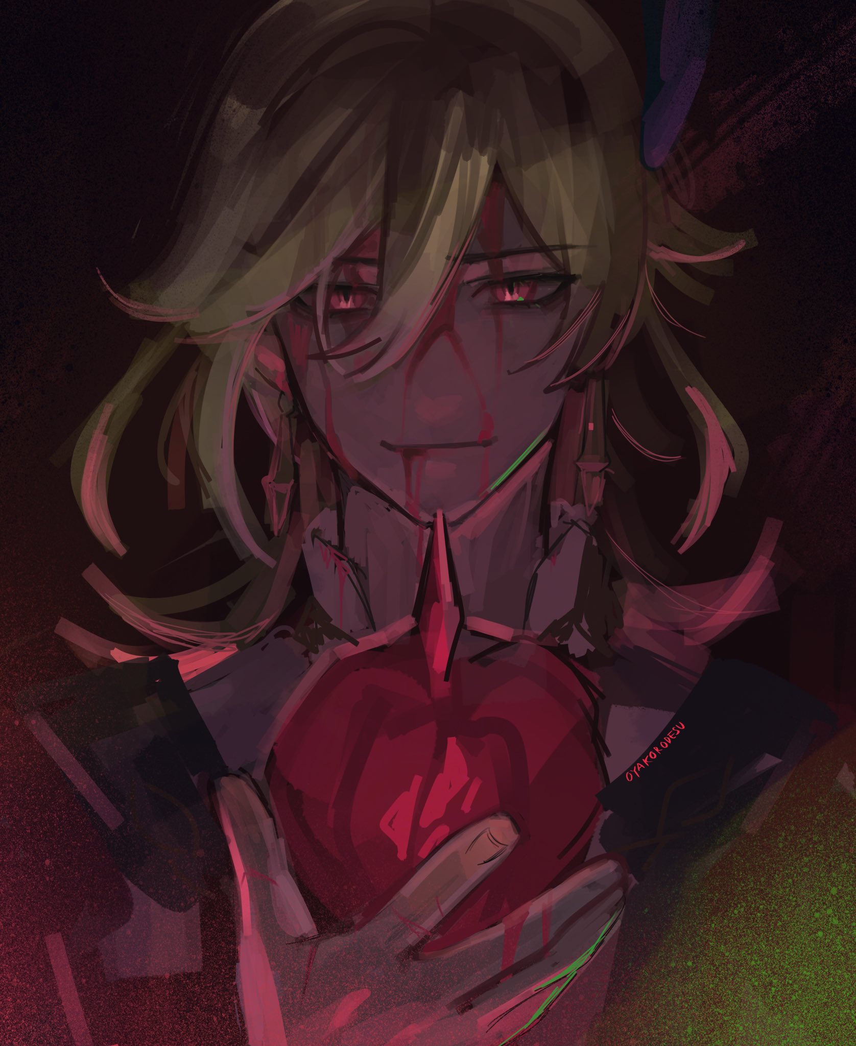 the image is a digital art illustration of an anime/manga style male character with blond hair and red eyes. he is covered in blood and is holding a bloody heart in his hands. the background is dark and the overall mood of the image is creepy and spooky.