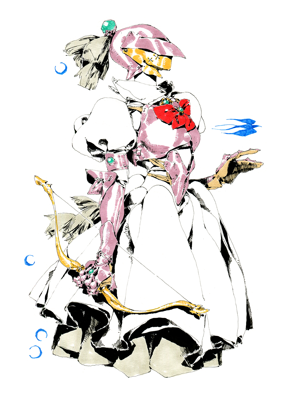 a fulllength illustration shows a female character wearing a white dress and plate armor. the armor is pink with gold accents, and she has a large bow in her left hand. her head is covered by a helmet, obscuring her face. the style of the art is highly detailed and reminiscent of japanese anime or manga.