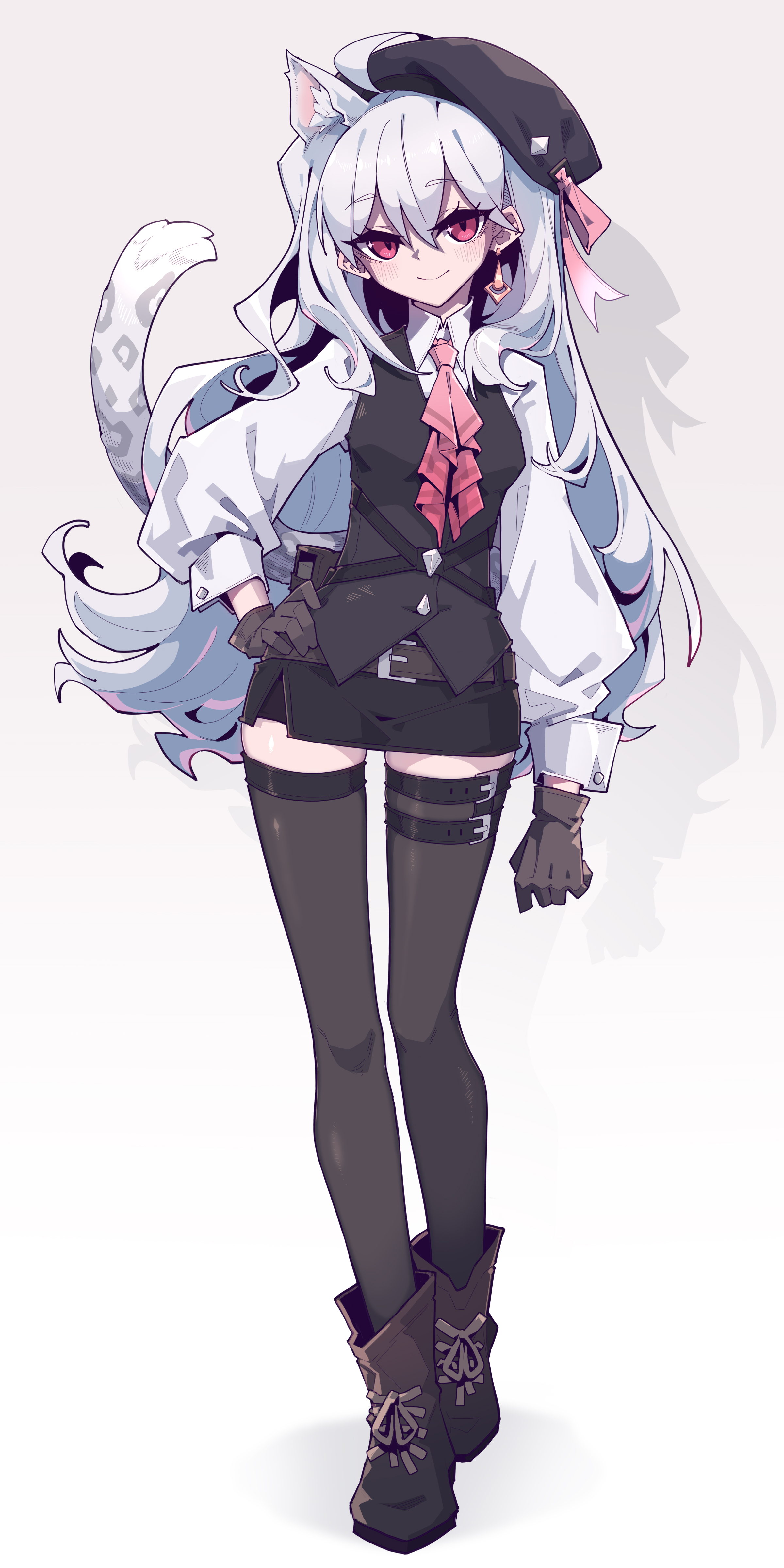 an animestyle girl with cat ears and a tail is standing and posing. she has white hair, pink eyes, and is wearing a black beret with a pink ribbon. she has on a white shirt with a black vest, black skirt, thighhigh socks, and boots. she also has on black gloves. her tail has spots.
