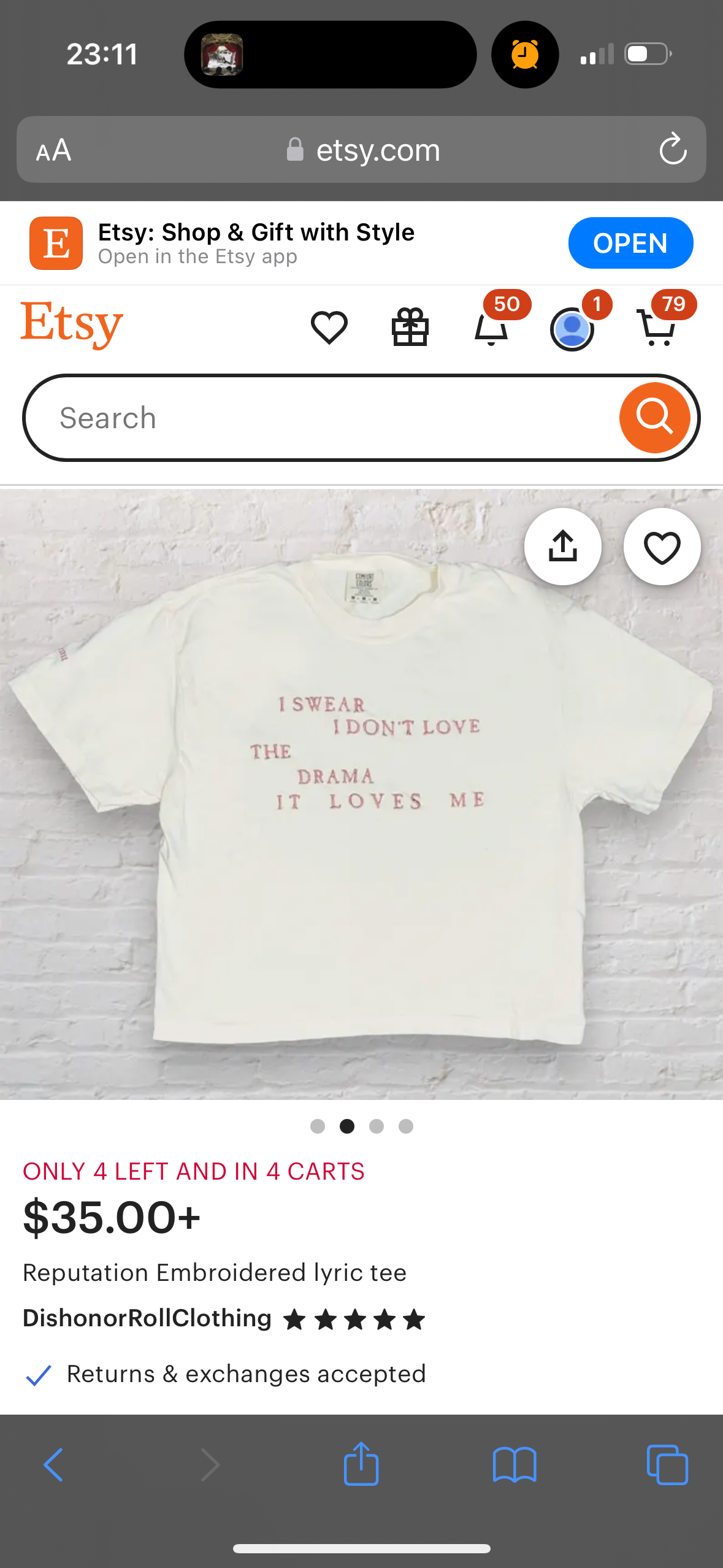 this is a screenshot of the etsy mobile app listing for a white tshirt that reads, "i swear i don't love the drama, it loves me." the shirt is embroidered with the lyrics to the song "reputation" by taylor swift.  the tshirt is priced at $35.00 and is currently available in four sizes.  the shirt is made by the etsy shop "dishonor roll clothing".  the listing also shows the number of items left in stock.
