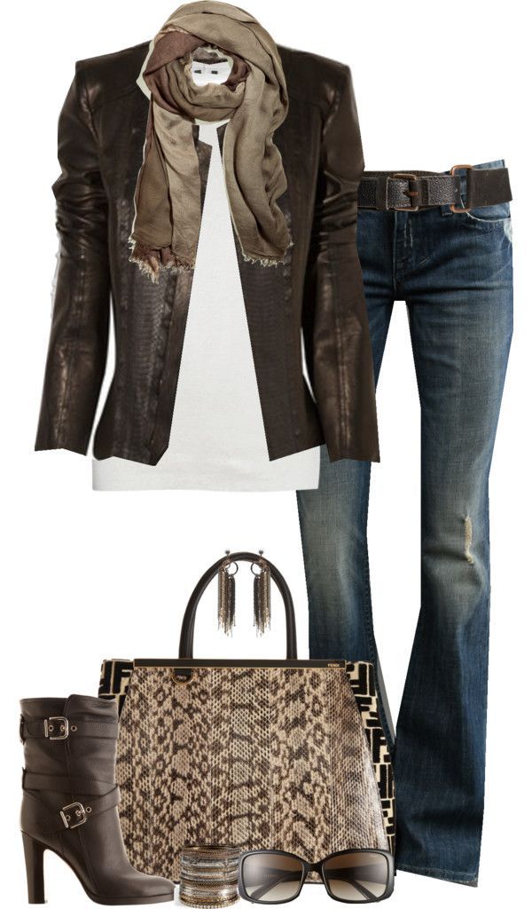 the image shows an outfit consisting of a brown leather jacket worn over a white top, paired with blue jeans and a brown belt. a brown scarf is draped around the neck. accessories include a brown snakeskin pattern handbag with earrings hanging from the handles, brown ankle boots, sunglasses, and a bracelet.