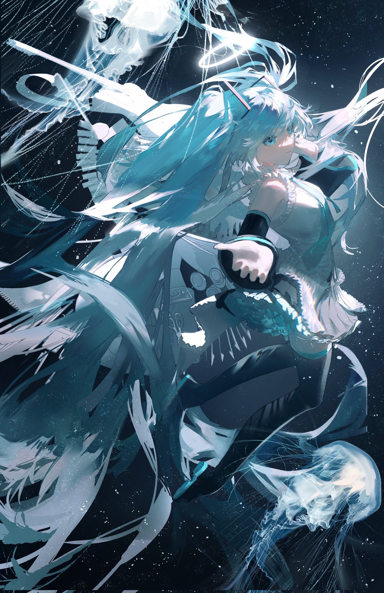 the image is a digital painting or illustration of hatsune miku, a popular vocaloid character. she is depicted in a fantastical setting, seemingly within or surrounded by the ocean or sea, with jellyfish floating around her. her long, flowing turquoise hair blends with the water, creating a fluid and ethereal effect.  she wears a white and blue dress or outfit and the overall color palette is dominated by blues, whites, and dark blacks, creating a moody yet captivating atmosphere.  the style is dynamic and expressive, conveying a sense of movement and magic.  the background includes the dark space speckled with stars. the jellyfish and the way miku's hair and clothing flow add a sense of fluidity and ethereal beauty to the artwork.