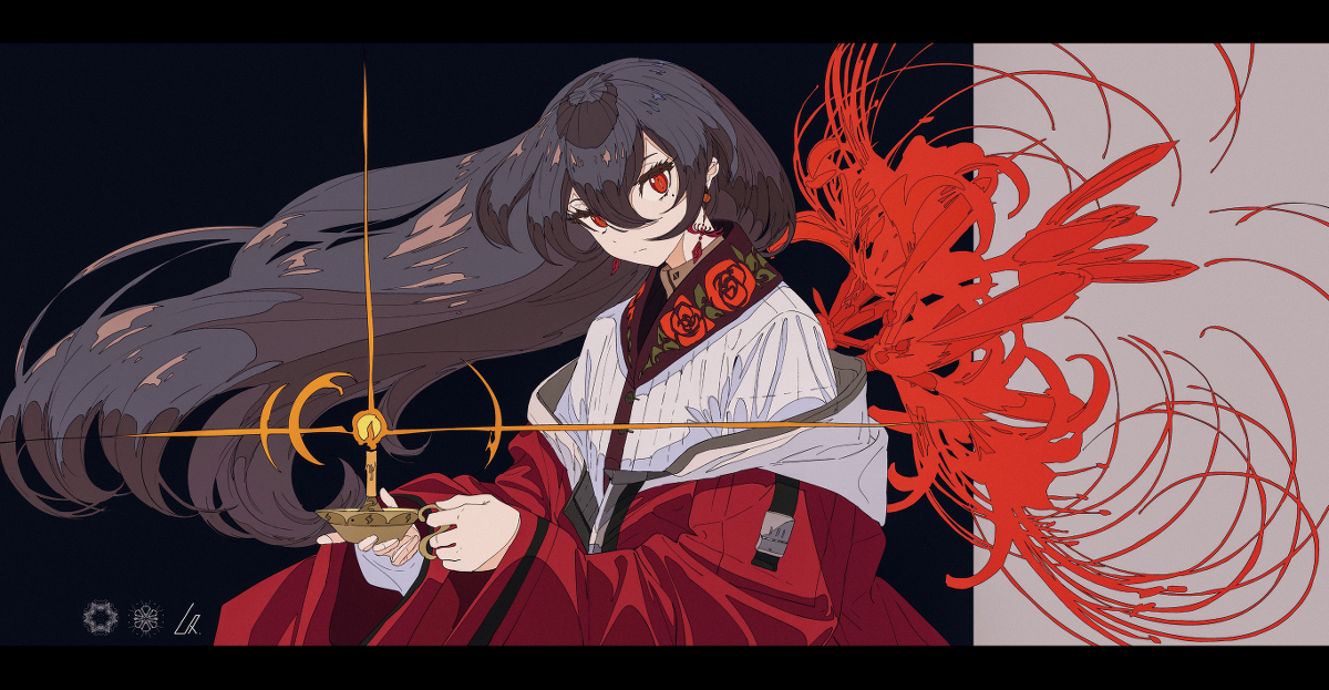 the image is a stylized digital painting or illustration of an animestyle girl. she has long, dark hair that flows dramatically around her, partially obscuring a candle she holds in her hand.  she is dressed in a predominantly red kimonostyle outfit with a white, roseembroidered shirt underneath. a large, vibrant red spider lily (lycoris radiata) is featured prominently behind her, its swirling petals mirroring the movement of her hair.  the background is a dark, almost black, contrasting with the bright reds and golds of the main subject.  gold lines subtly add to the composition's overall design. the overall style is elegant, mysterious, and fantastical.