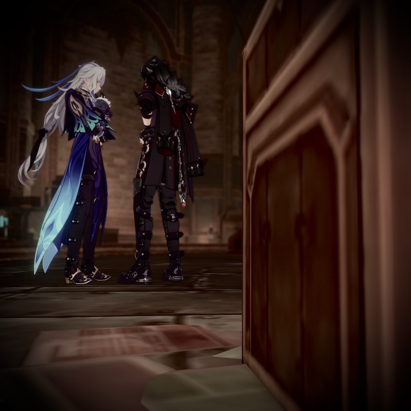 the image is a screenshot from the video game genshin impact.  it depicts aether (the male twin) and lumine (the female twin), the game's protagonists, standing in what seems to be a dark, gothicstyle interior setting.  they are engaged in what appears to be a conversation, possibly near a large wooden chest. both characters are fully visible, showing their detailed and elaborate attire, indicative of the game's artistic style. the overall tone is dark and mysterious. the focus is primarily on the characters, with the background slightly blurred. the lighting is dim, highlighting the characters and the texture of the stone floor.