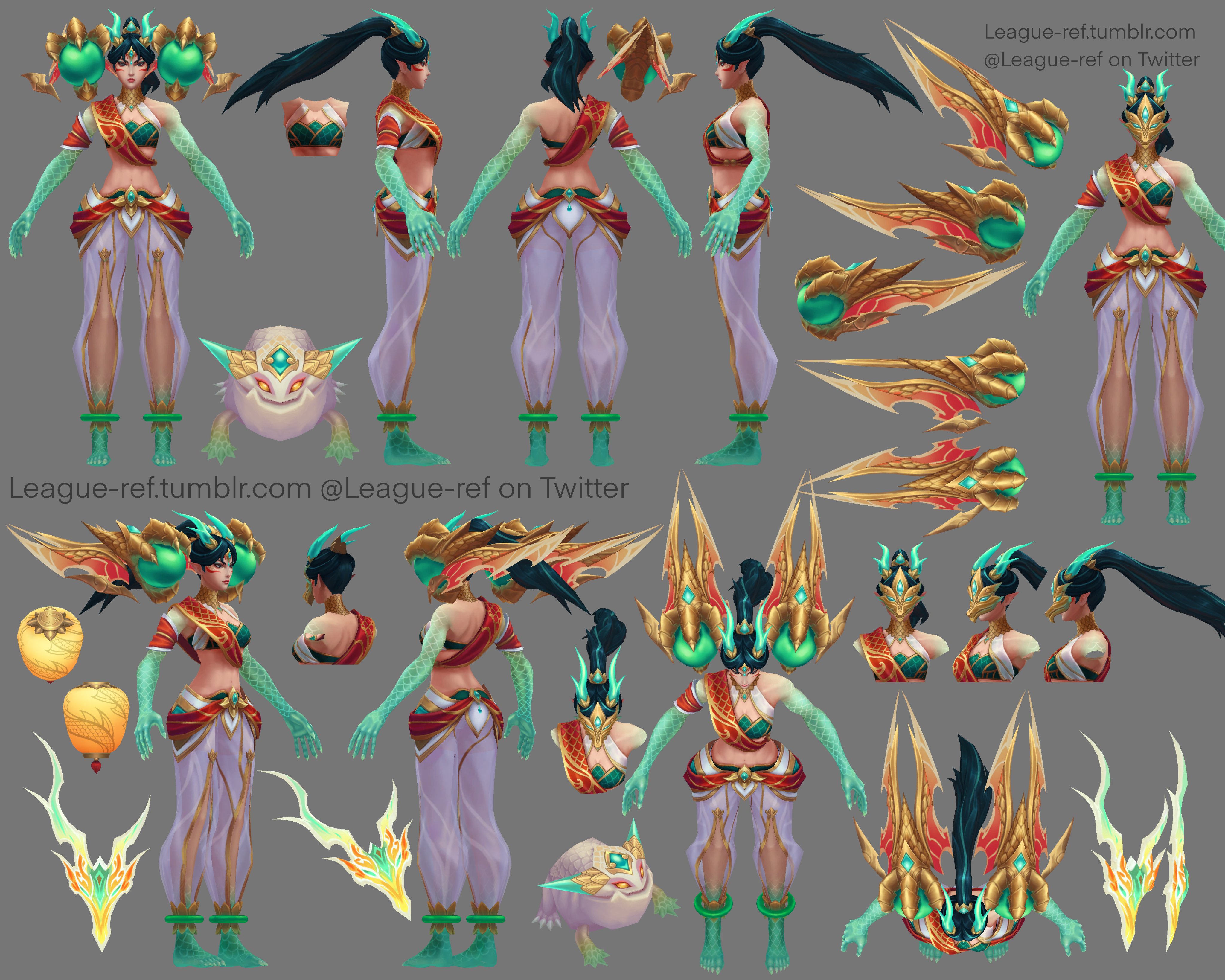 the image is a comprehensive 3d model sheet, or turn sheet, for a female character in the video game league of legends. it appears to be concept art for a skin, possibly related to the spirit blossom event given the color scheme and design elements.  the sheet showcases the character from various angles, displaying detailed elements like her clothing, accessories (including a frog motif), weapons, and hair. individual components such as weapons and parts of her outfit are also shown separately.  the art style is vibrant and detailed, typical of highquality game development. the image includes a watermark referencing a league of legends related tumblr and twitter account.