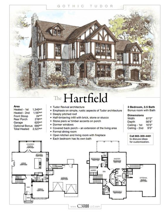 the image is a real estate advertisement for a house called "the hartfield", designed in the gothic tudor style. it features a perspective drawing of the house, a floor plan with labeled rooms and dimensions, and a text description highlighting the key features of the house.