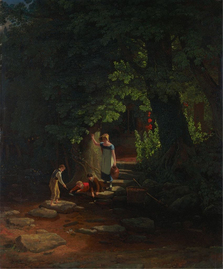 the painting depicts a scene in nature. there are several children playing near a stream or small river. a woman stands on a stone path with a jug in her hand, seemingly supervising the children. lush trees surround the area, creating a forestlike atmosphere. red flowers can be seen near a tree. the composition features a balance of light and shadow, with the figures illuminated against the darker background of the foliage. the setting appears to be outdoors during the daytime.