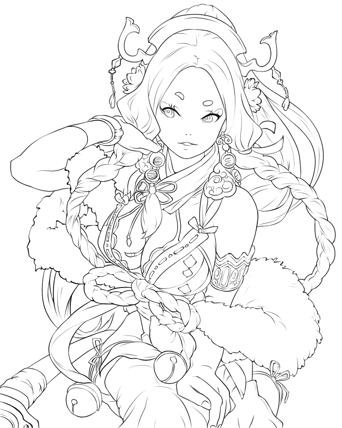this is a line art drawing of a young woman wearing a fur lined kimono. her hair is in long braids.  she looks very elegant, beautiful and graceful. she is dressed for cold weather, perhaps winter.