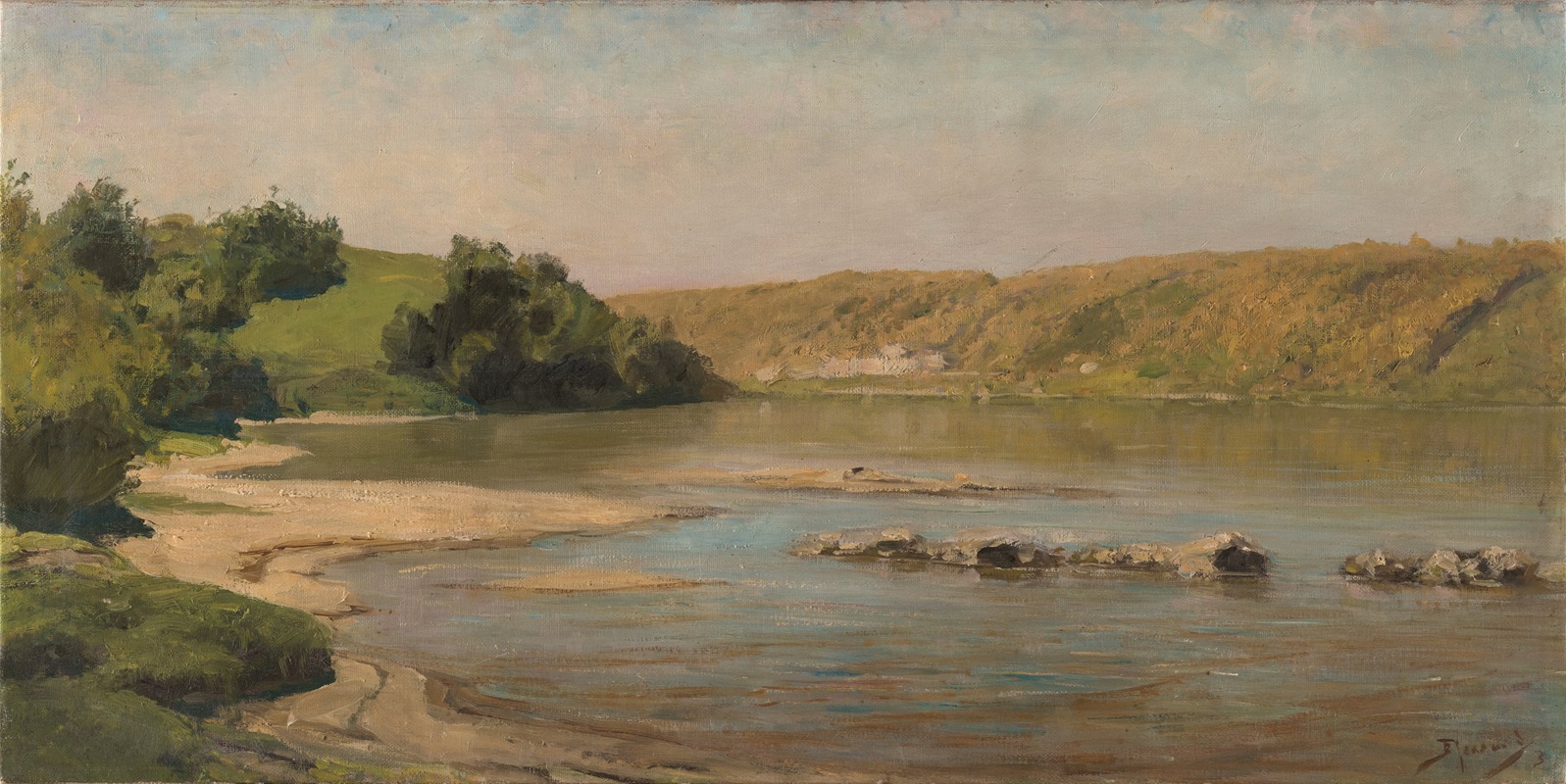 the image is an oil painting of a landscape featuring a river. the foreground shows a sandy shoreline with some vegetation on the left, and the river water extends towards the center with visible rocks. in the background, there is a hill covered in grass and trees, and a hazy sky above. the painting is done in a traditional style with visible brushstrokes and a natural color palette.