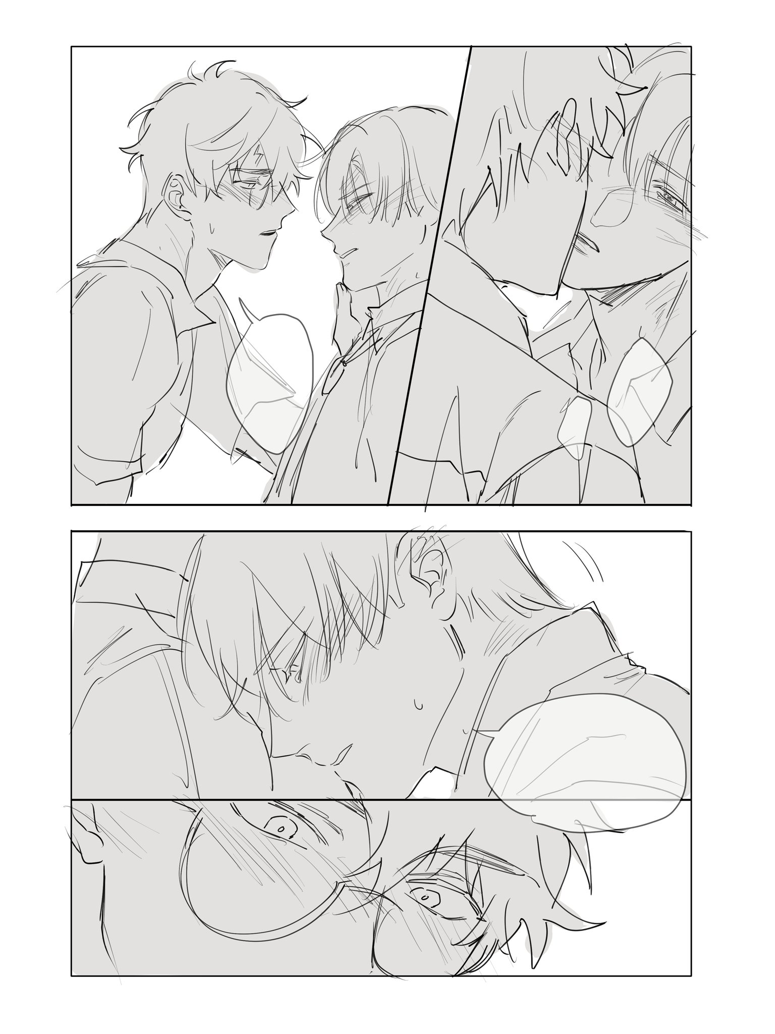 he image is a mangastyle sketch depicting several scenes of intimate interactions between young men. the style is loose and expressive, using grayscale tones.  the panels show various stages of affection, including a kiss and close embraces.  the characters are drawn with soft lines and expressive eyes, emphasizing their emotions.  the overall impression is one of romance and tender intimacy.