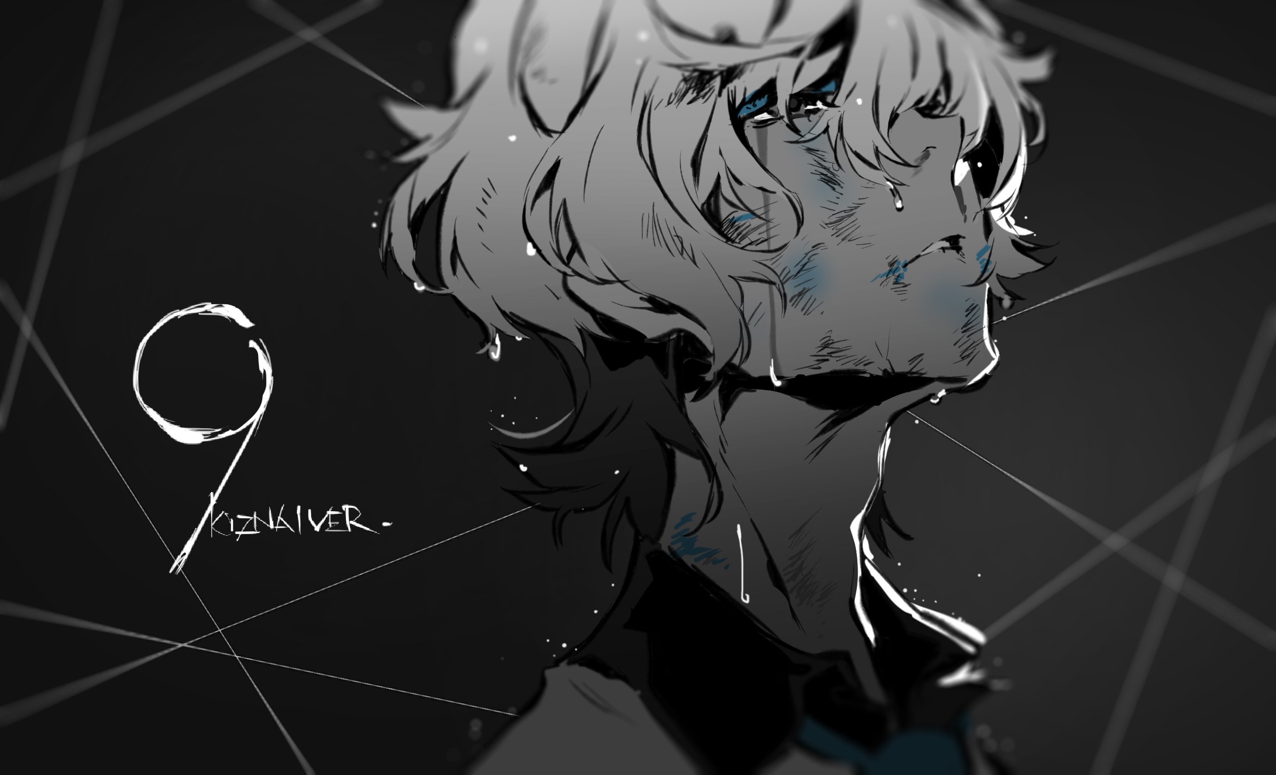 a stylized portrait of a young man with white hair, drawn in a manga or anime style. his face is turned upwards, with his eyes closed and tears streaming down his cheeks. he appears to be in distress. the image is predominantly in shades of gray and black, with accents of blue on the tears and the text "9" and "kageriver," suggesting a connection to a character or story. the background features a geometric pattern of intersecting lines, adding to the overall sense of darkness and emotional intensity.